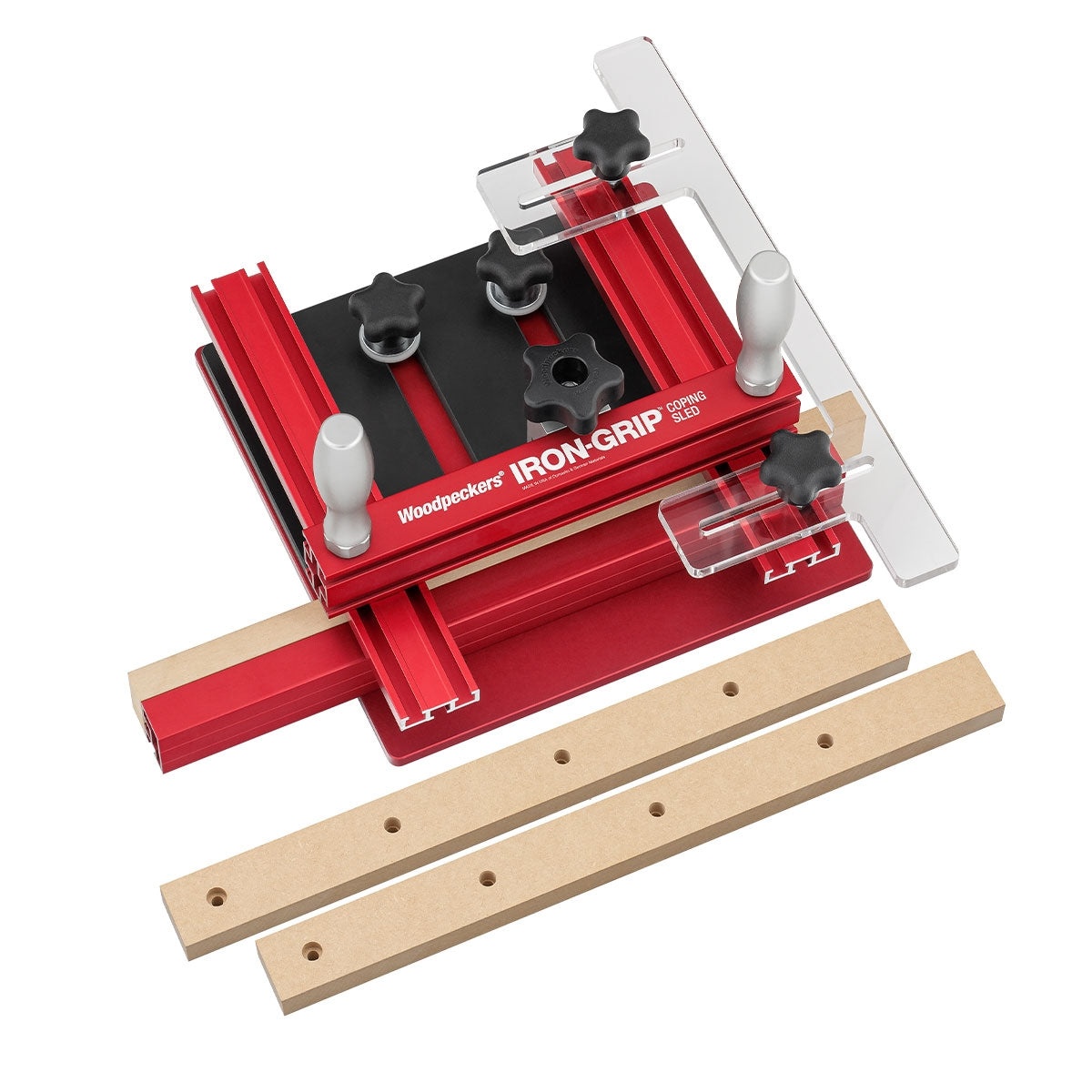 Woodpeckers IGCS Iron Grip Coping Sled shown with sacrificial MDF backer boards for clean end-grain router table coping cuts