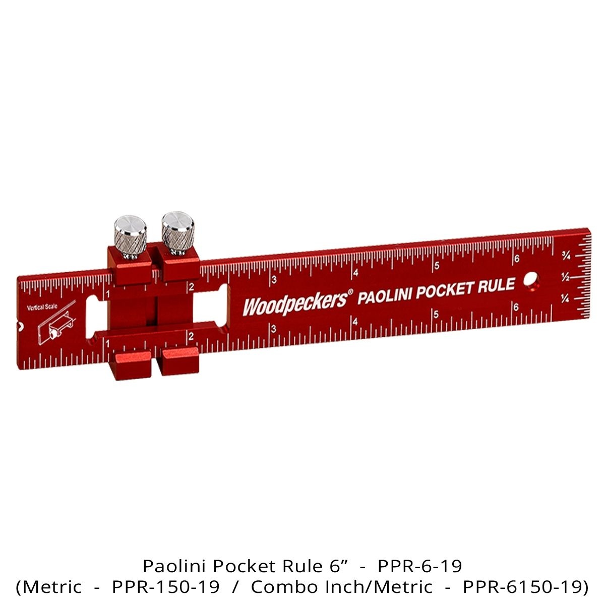 Woodpeckers PPR-6150-19 Paolini Pocket Rule, 6 inch 150mm Aluminum shown as a compact woodworking rule with sliding stop for measuring and repeat marking on bench and machine setup tasks