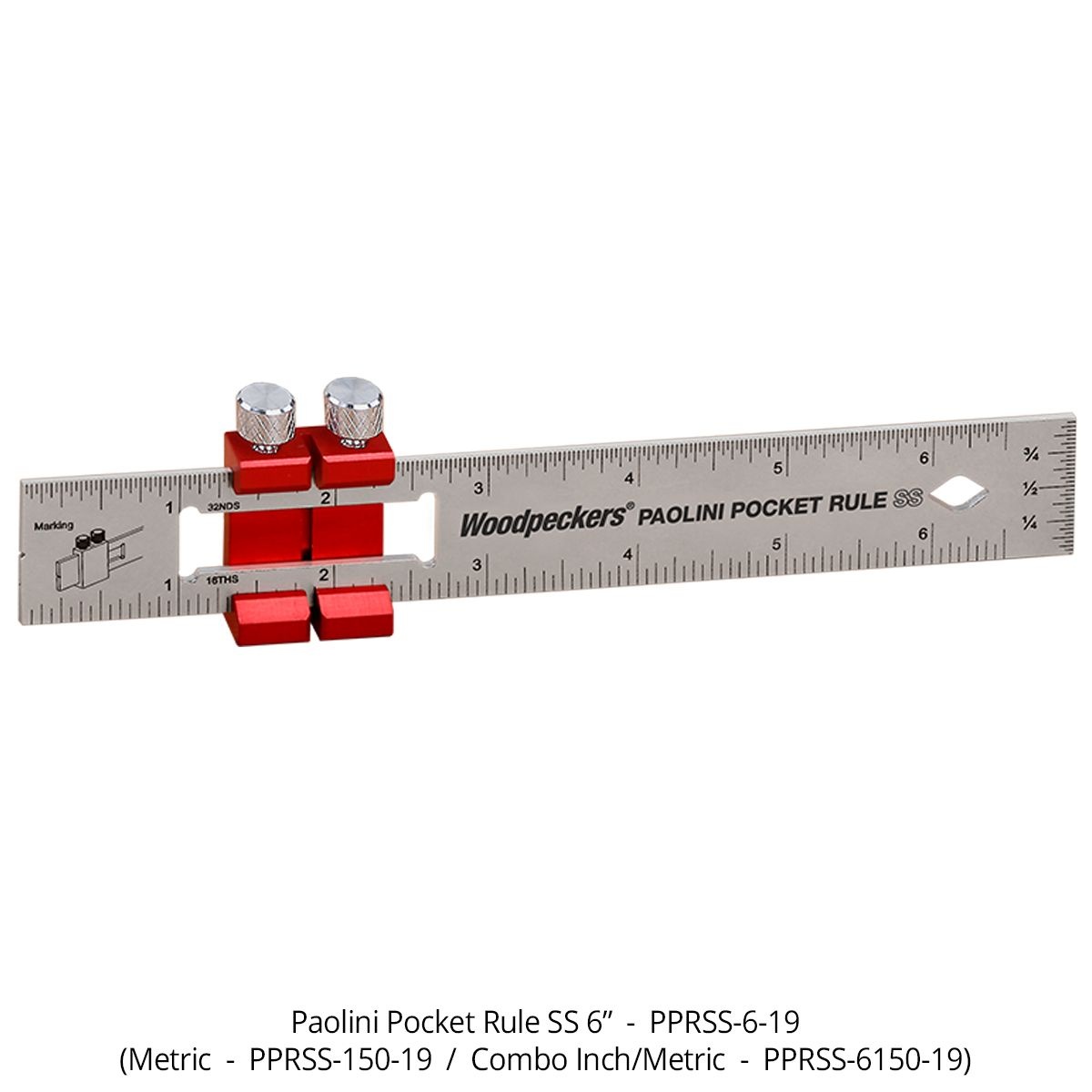 Woodpeckers PPRSS-6150-19 Paolini Pocket Rule, 6 inch 150 millimeter stainless steel rule shown with sliding stop for woodworking marking and setup on a clean product background