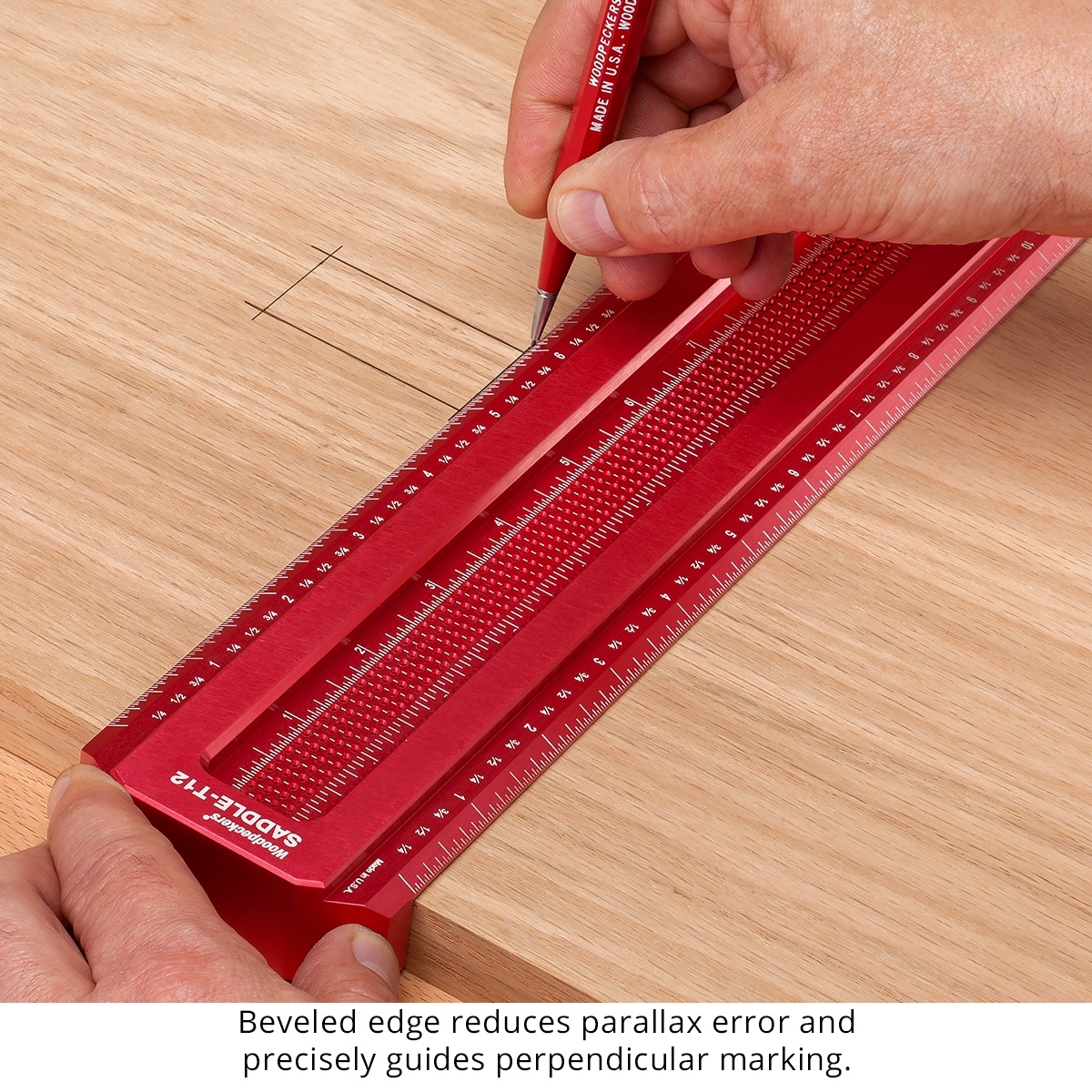 Woodpeckers Saddle-T6 T-Square guiding a pencil line across a wood panel with beveled edge for accurate perpendicular marking