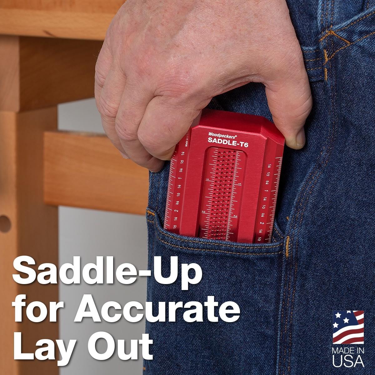 Woodpeckers Saddle-T6 T-Square stored in a jeans pocket on a woodworking jobsite for quick access during layout work