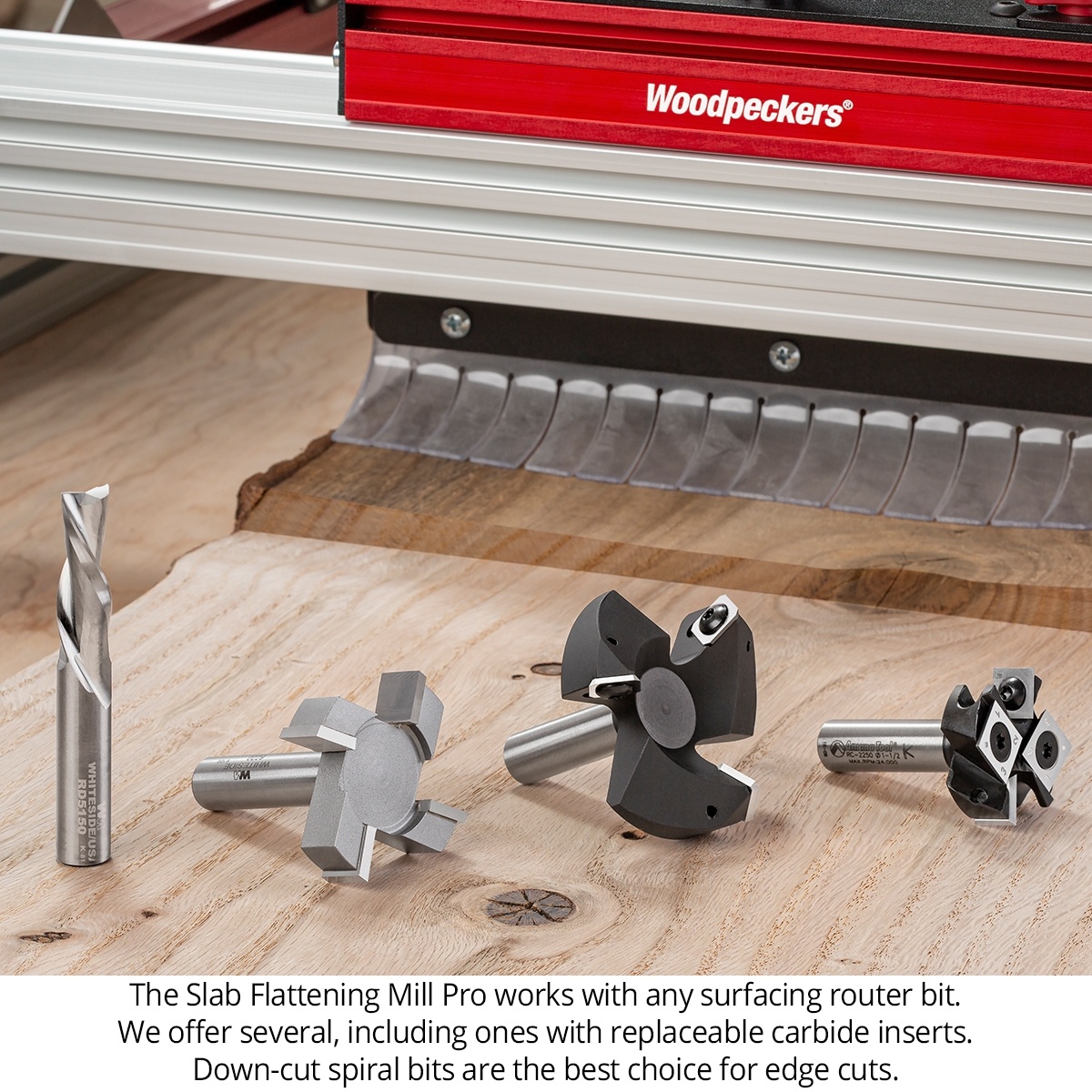 Woodpeckers SLBFPRO-BAS Basic Slab Flattening Mill Pro shown with surfacing router bits and cutters for slab flattening and edge milling in a woodshop