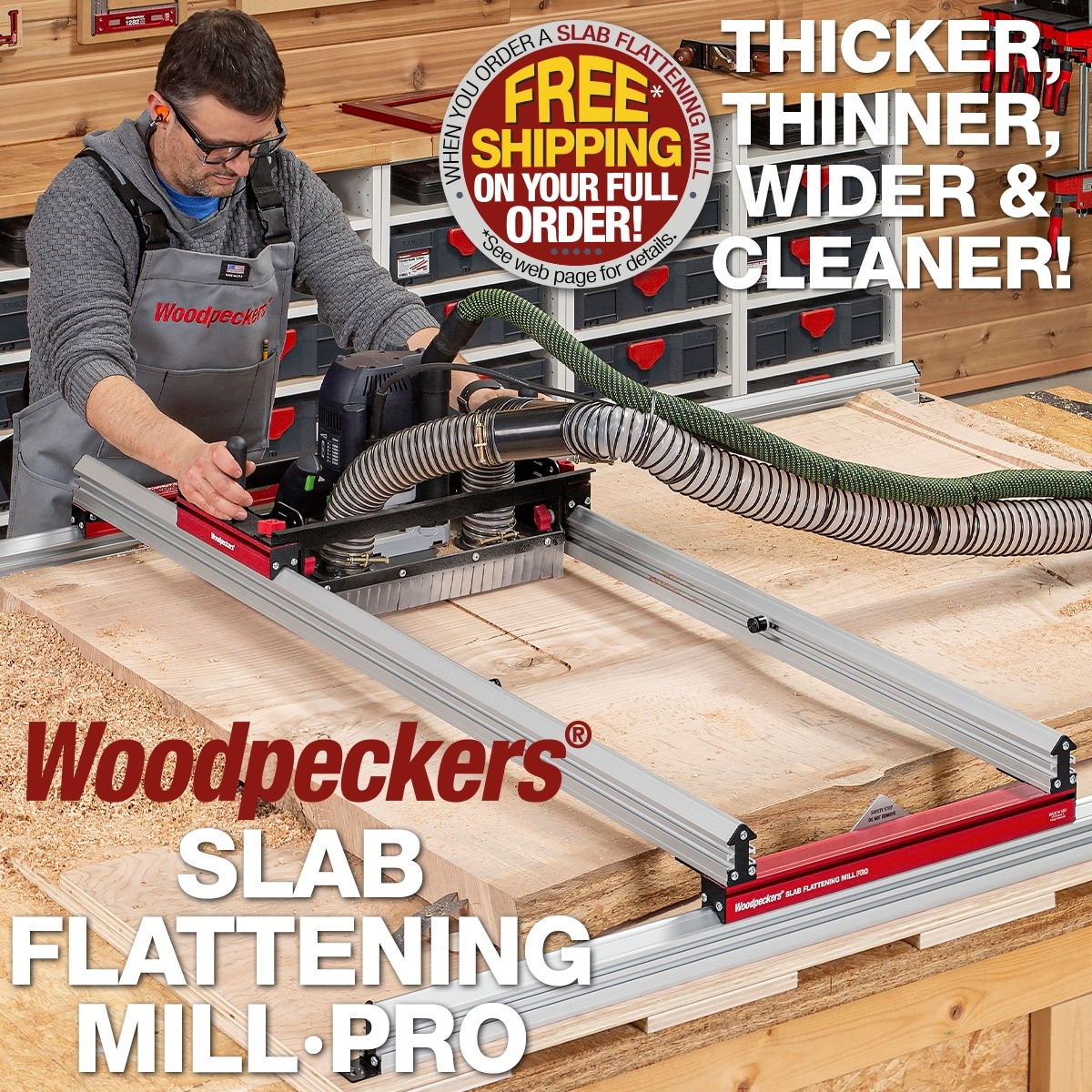 Woodpeckers Slab Flattening Mill Pro XL flattening a wide live-edge wood slab on a workbench in a woodworking shop