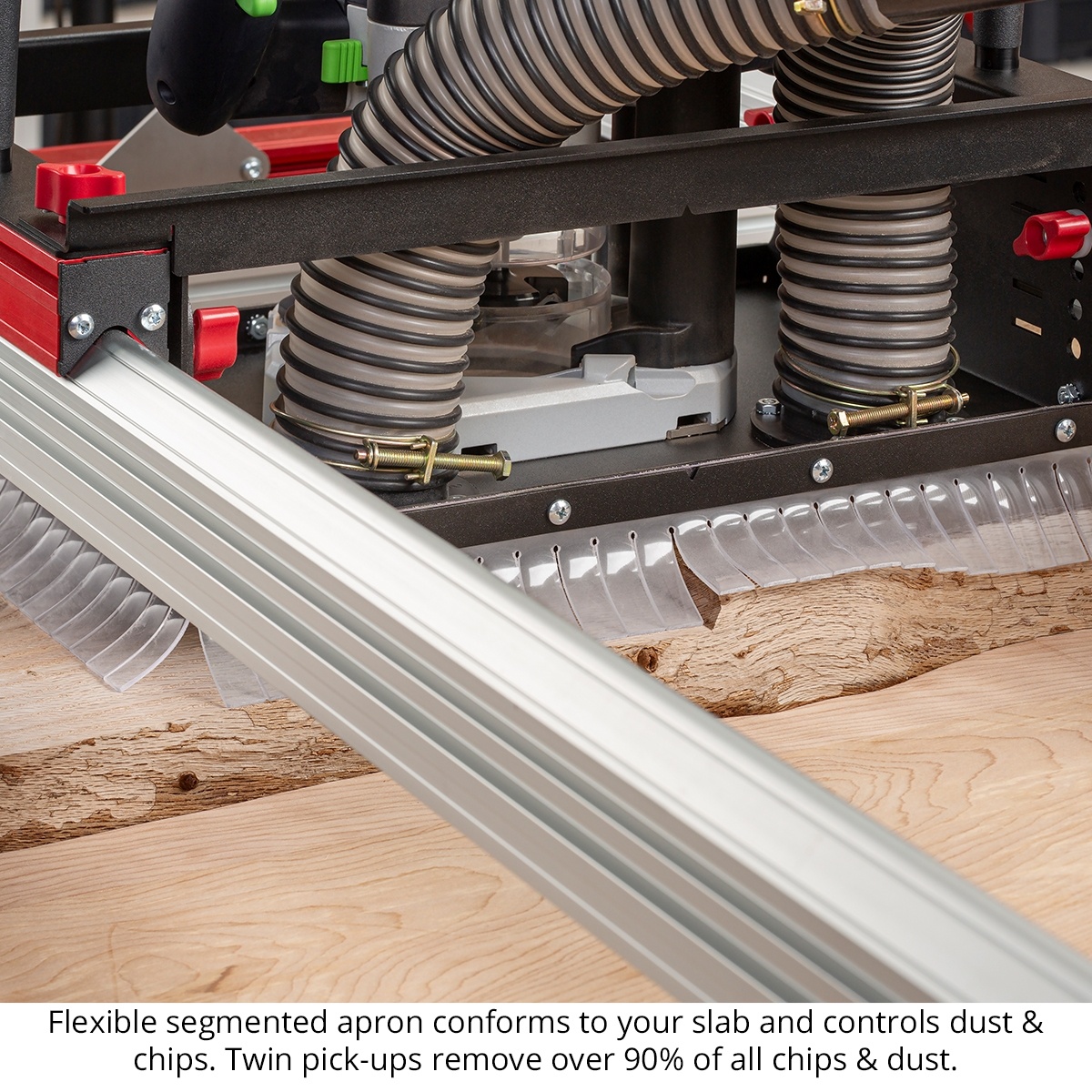 Woodpeckers Slab Flattening Mill Pro XL dust collection apron and twin pick-ups clearing chips while surfacing a wood slab