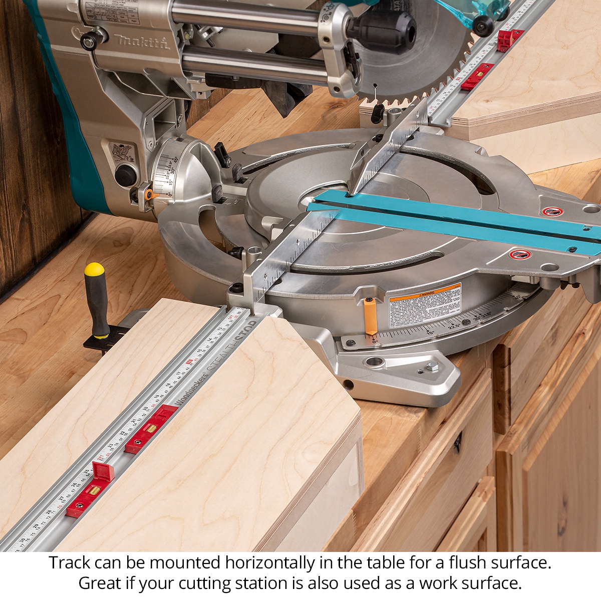 Woodpeckers SS4K-CL Stealthstop 4' Kit - Combination, Left installed on a miter saw station for repeat cutting of wood parts on a shop bench