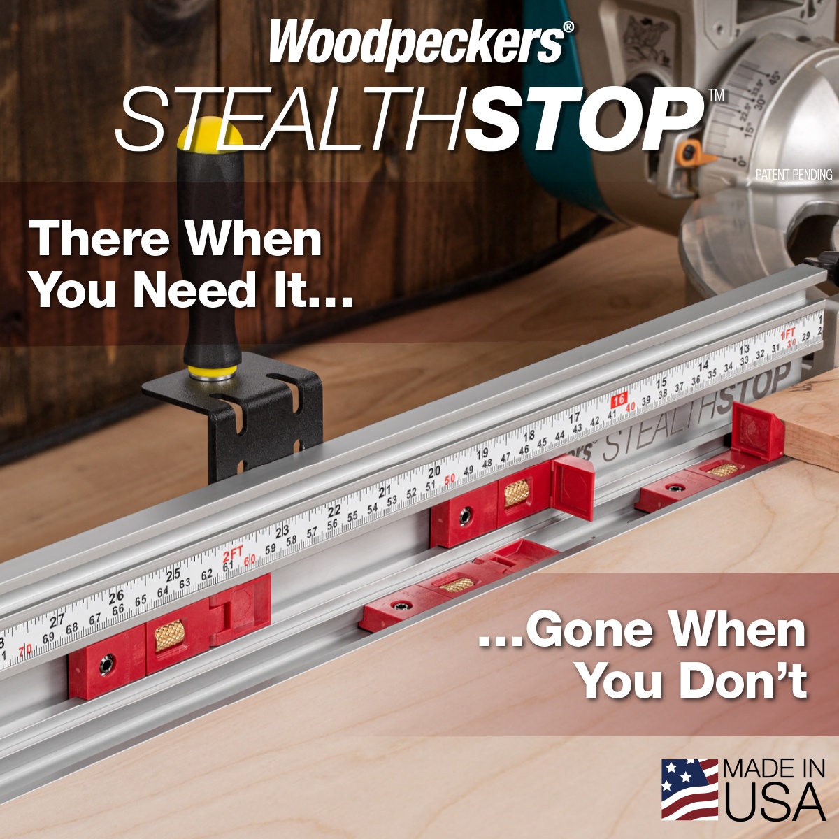 Woodpeckers SS4K-CR Stealthstop micro-adjustable flip stop system with stops folded into the track slot on a miter saw fence