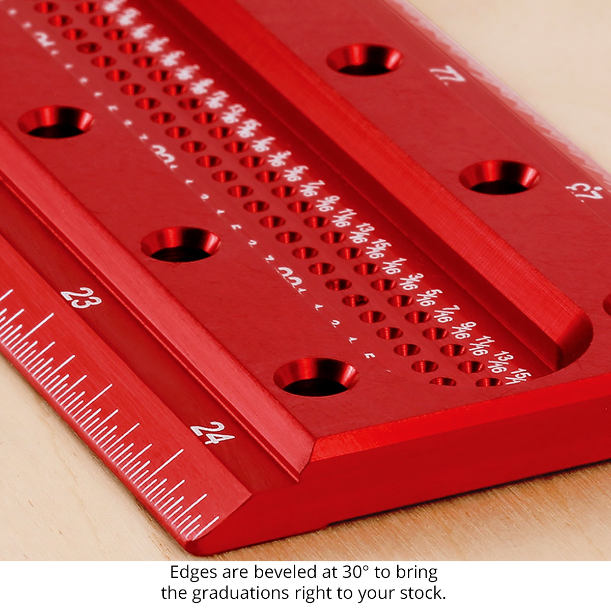 Detail of the Woodpeckers TS-24-20 Precision Woodworking T-Square beveled edge bringing the engraved scale close to the workpiece