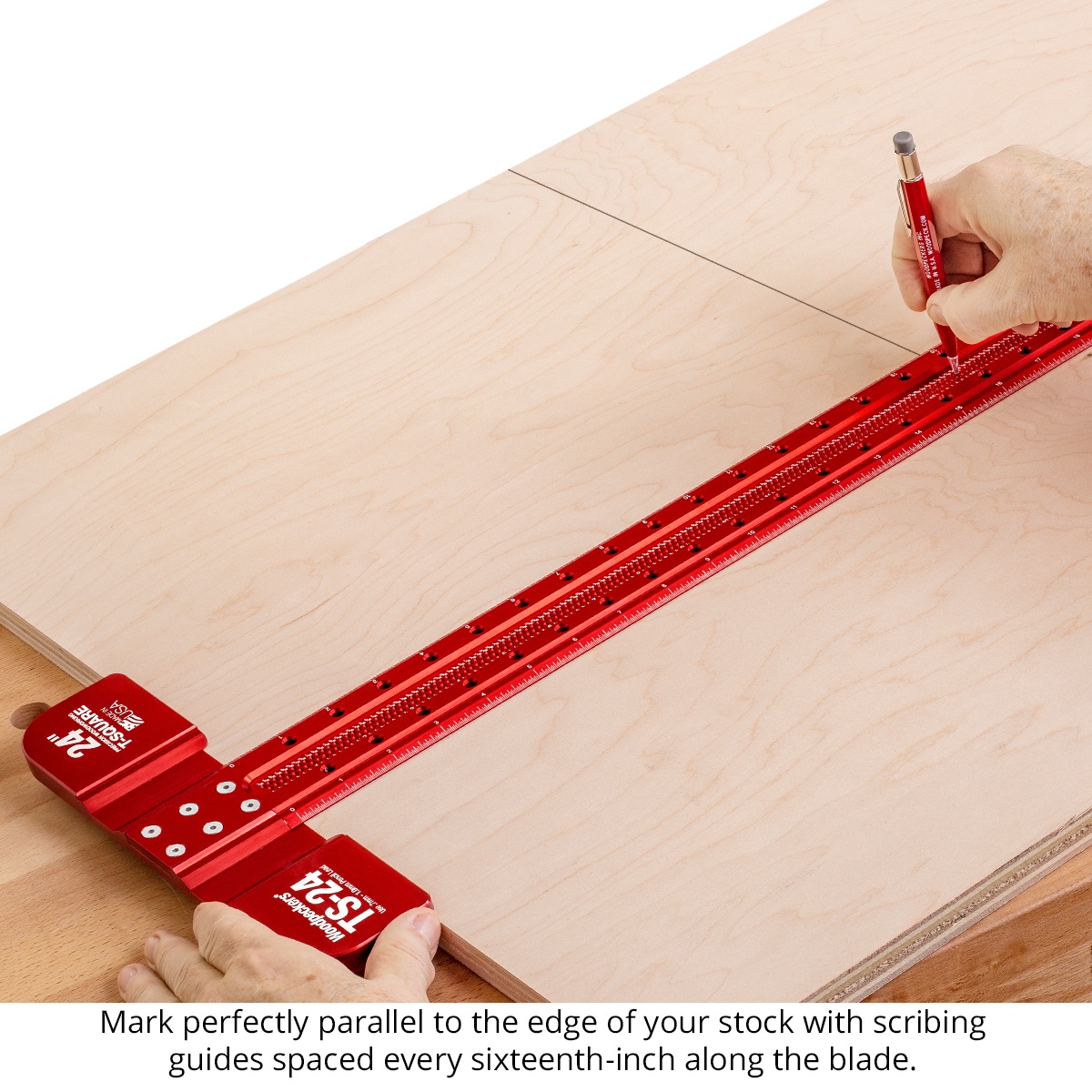Woodpeckers TS-24-20 Precision Woodworking T-Square marking a parallel line on a plywood panel using the scribing guides