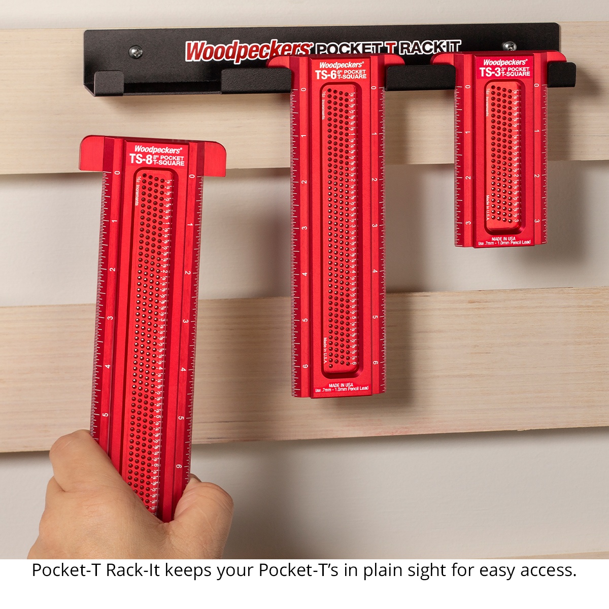Woodpeckers Pocket T-Squares stored on a wall rack for easy access in a woodworking shop