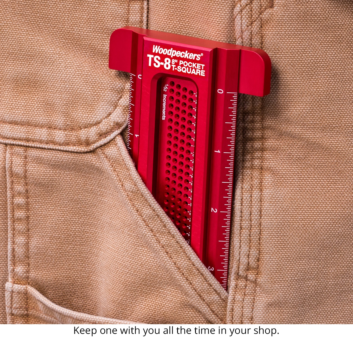 Woodpeckers Pocket T-Squares pocket layout square riding in a work pants pocket for quick woodworking layout