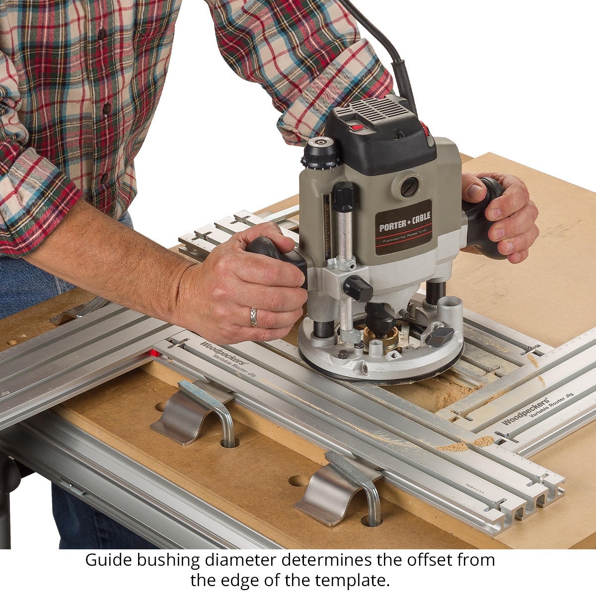 Woodpeckers Variable Router Jig in use with a router guide bushing showing how the bushing rides the template edge for accurate routing