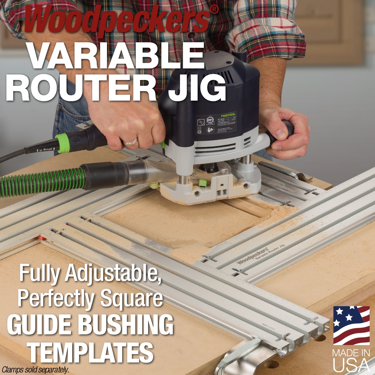 Woodpeckers Variable Router Jig routing a square recess on a benchtop with a plunge router and dust extraction