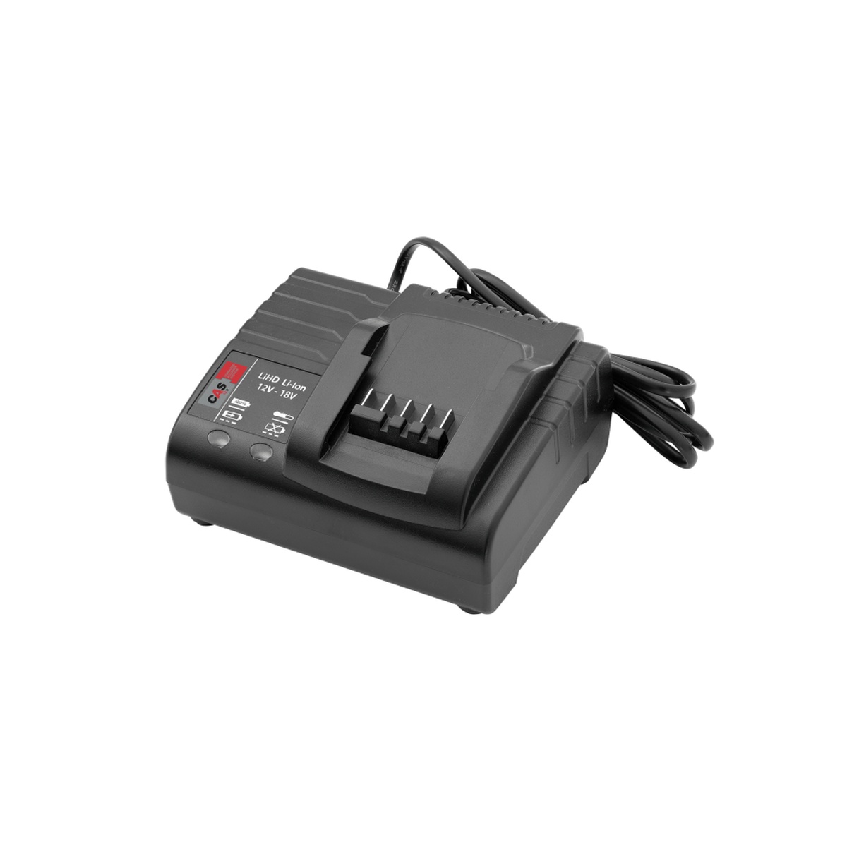 Stabila 07621 Battery Charger shown on a clean background with cord attached, designed for charging CAS LiHD Li-Ion 12V to 18V batteries in a shop or jobsite setup
