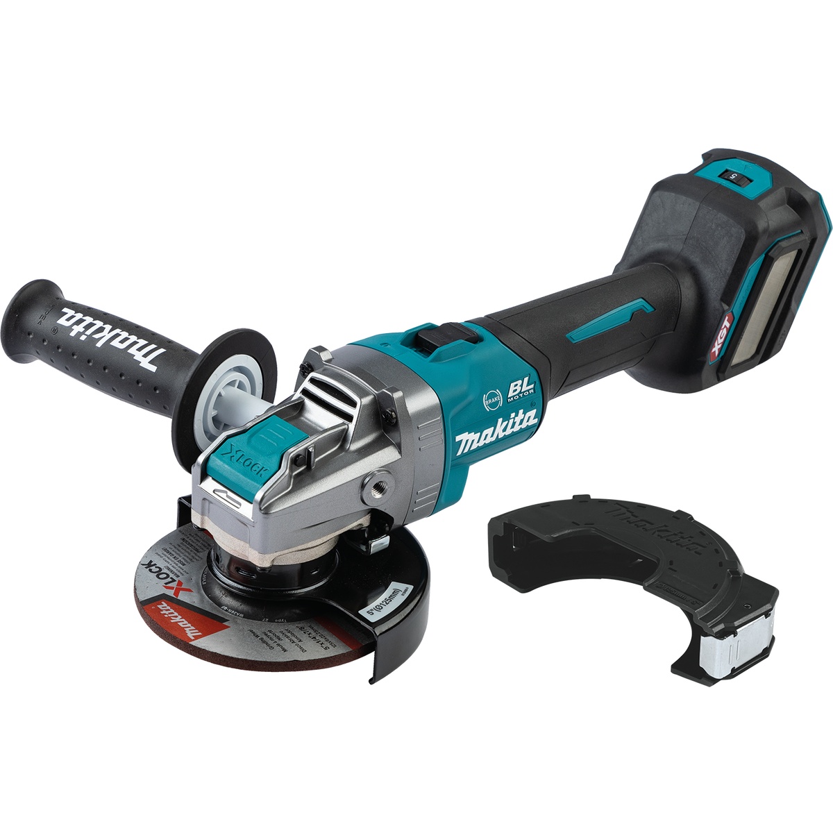 Makita GAG11Z 40V max XGT Brushless Cordless 4-1/2 inch / 5 inch X-LOCK angle grinder shown with grinding wheel, side handle, and guard for metal grinding and cut-off work on the jobsite