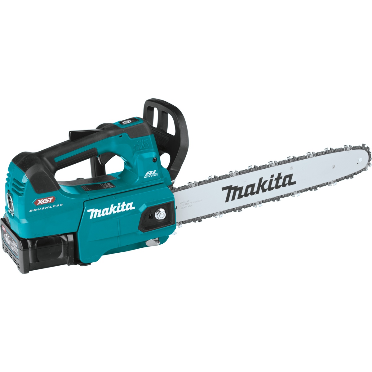 Makita GCU03M1 40V max XGT Brushless Cordless 16 inch Top Handle Chain Saw Kit shown with installed 40V XGT battery and 16 inch guide bar on a black background for product detail review