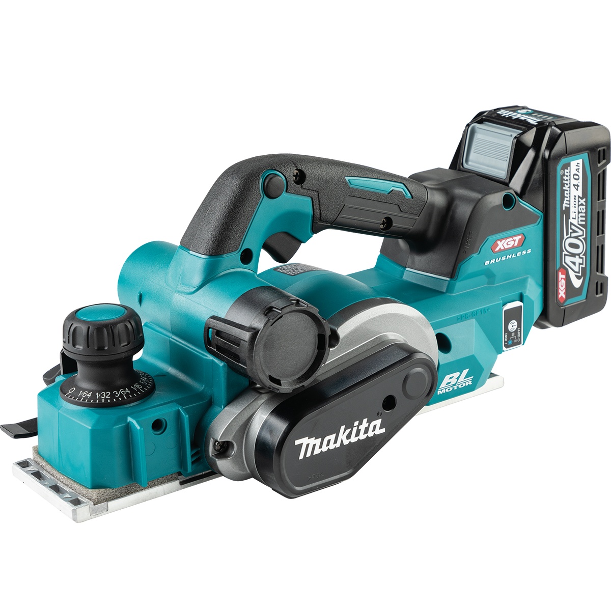 Makita GPK01M1 40V max XGT Brushless Cordless 3-1/4 inch planer set up for planing wood on a jobsite, showing the cordless planer body and front depth adjustment knob