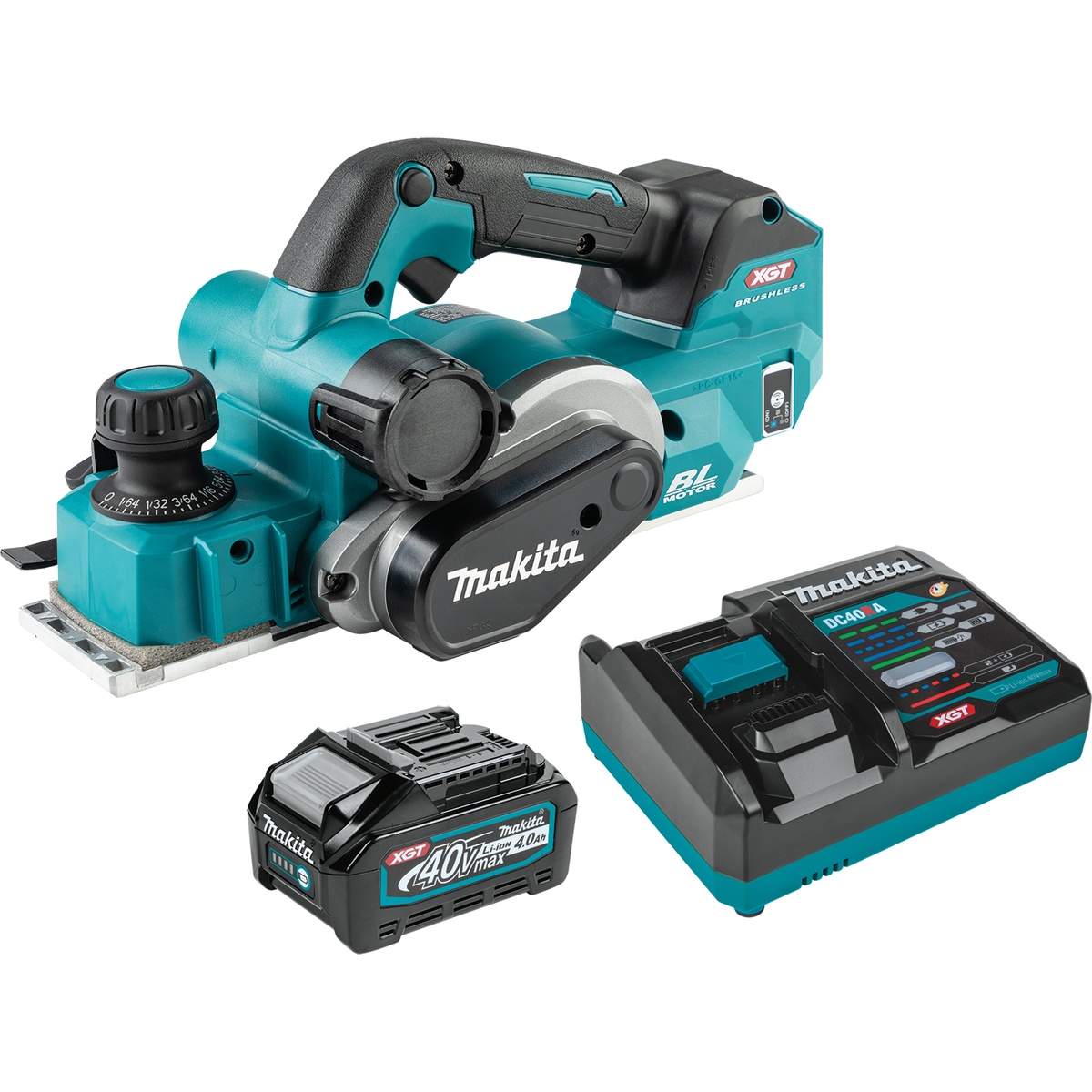 Makita GPK01M1 40V max XGT Brushless Cordless 3-1/4 inch planer kit with planer, 4.0Ah battery, and rapid charger ready for woodworking and finish carpentry