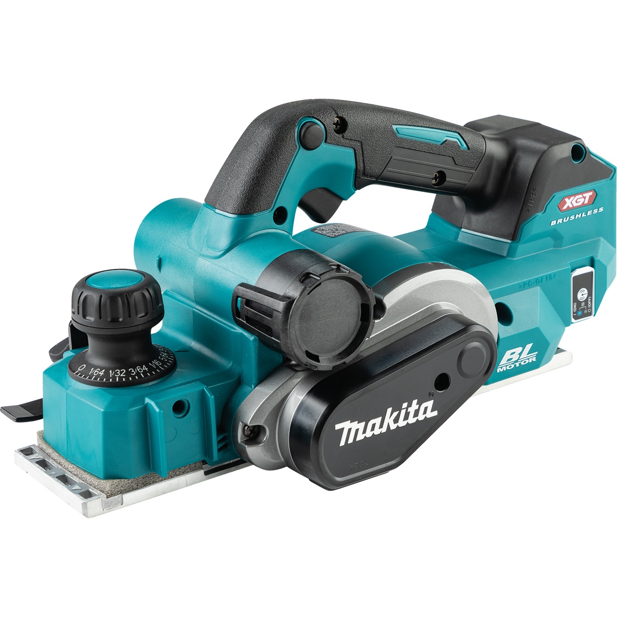 Makita GPK01Z 40V max XGT Brushless Cordless 3-1/4 inch Planer, AWS Capable, Tool Only shown in clean product view with front depth knob, side chip ejection port, and aluminum base for jobsite wood planing and door fitting