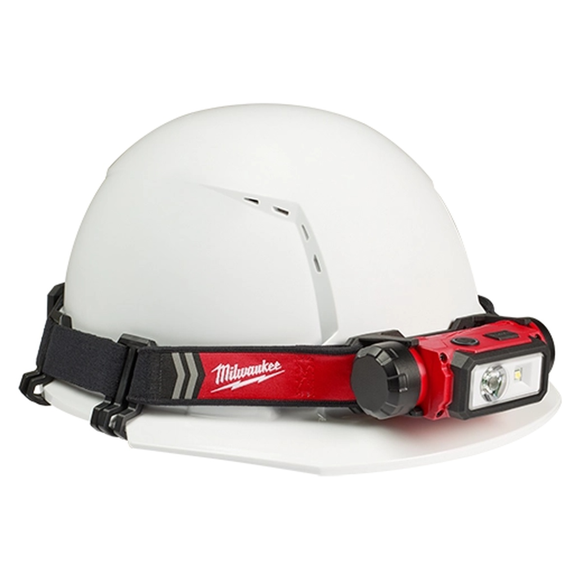 Milwaukee 2163-21 REDLITHIUM USB 600-Lumen Hard Hat Headlamp mounted on a white hard hat for jobsite lighting use