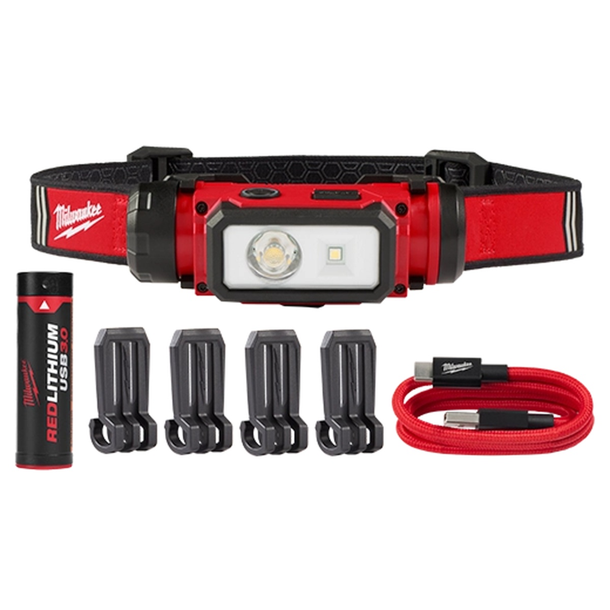 Milwaukee 2163-21 REDLITHIUM USB 600-Lumen Hard Hat Headlamp with REDLITHIUM USB battery, hard hat clips, and USB-C charging cable