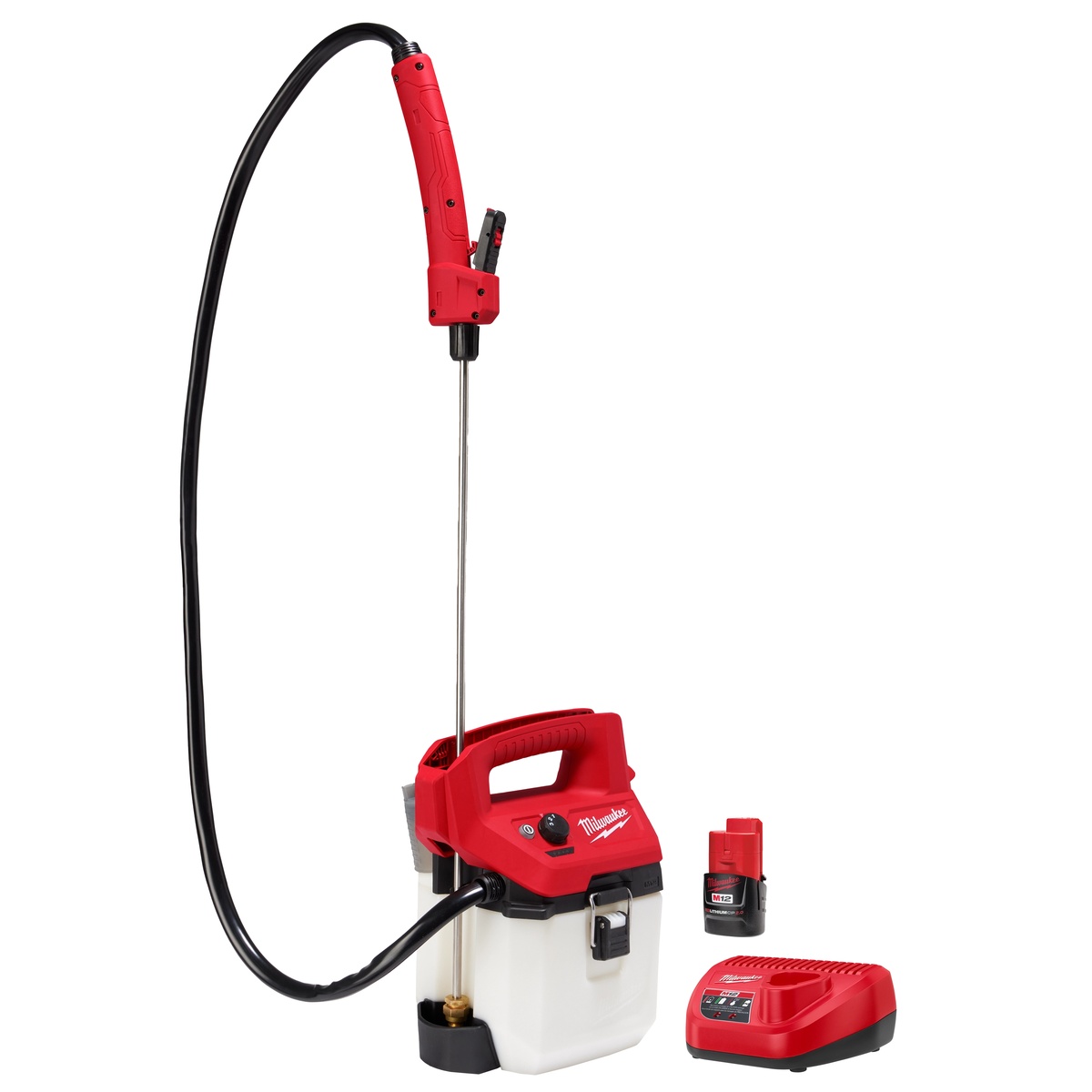 Milwaukee 2528-21G1 M12 1-Gallon Handheld Sprayer 2.0Ah Kit shown with wand, hose, battery, and charger for cordless chemical spraying on landscape and pest control jobs