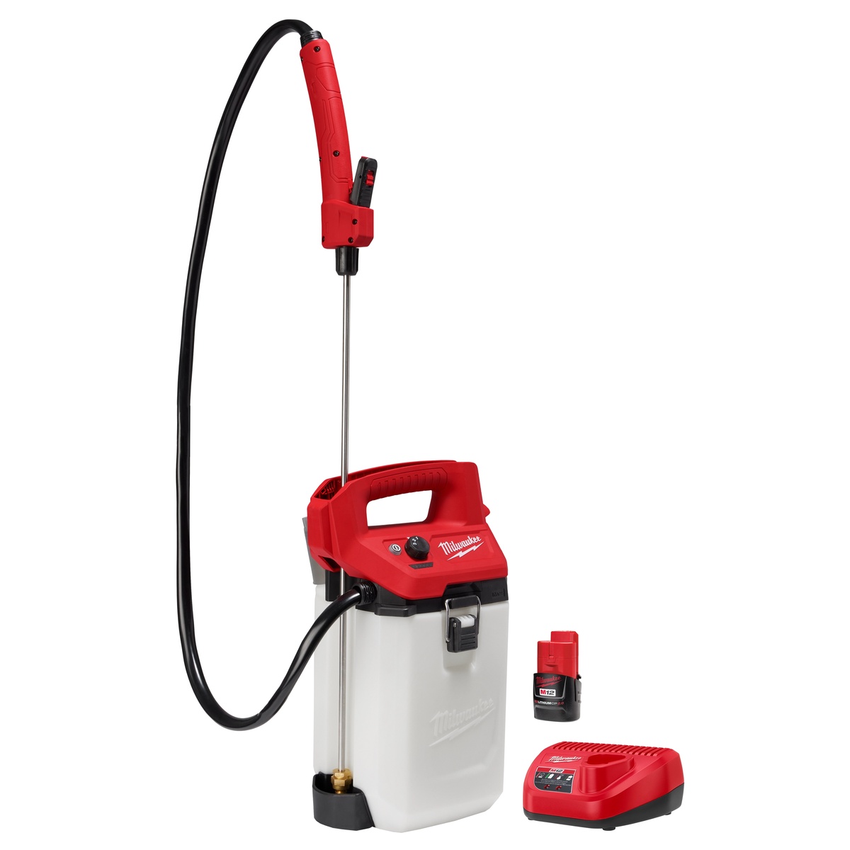 Milwaukee M12 2 Gallon Handheld Sprayer Kit with sprayer, M12 battery, and charger on a clean product background