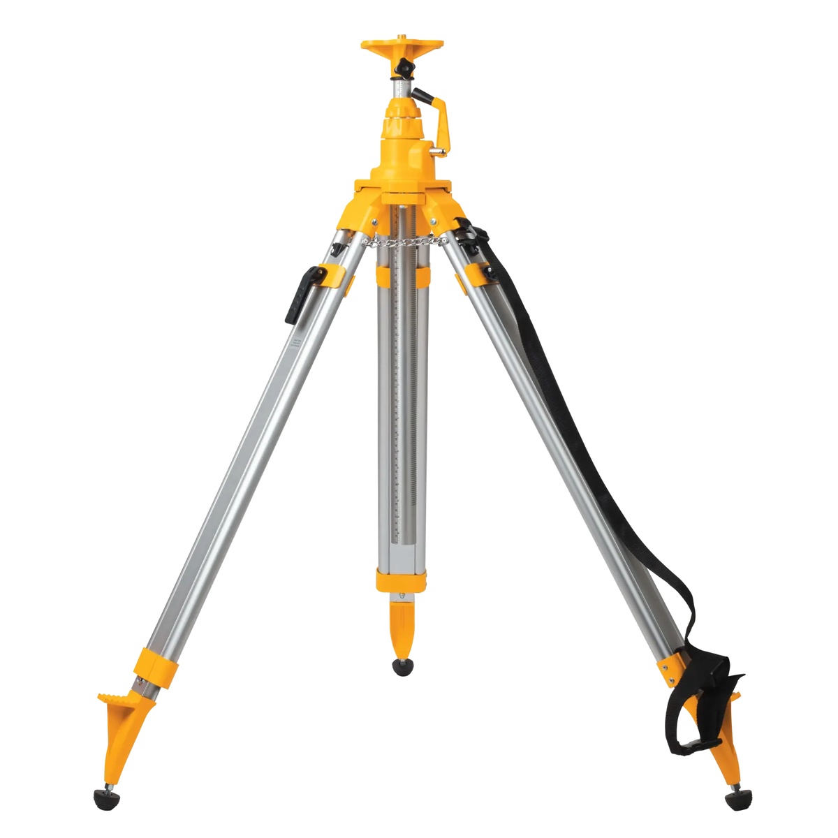 DEWALT 5/8-in. Elevated Construction Tripod showing aluminum legs, pointed feet, and rubber caps for indoor and outdoor setup