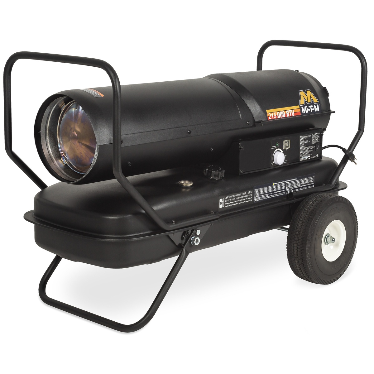 Mi-T-M MH-0215-0M11 215,000 BTU Kerosene Forced Air Heater shown as a portable forced air jobsite heater with wheeled fuel tank base and control panel for heating large ventilated work areas