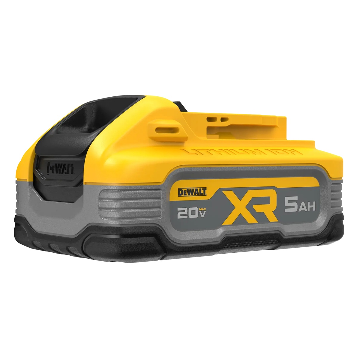DEWALT 20V MAX XR 5Ah Battery DCBP520 shown as a compact cordless battery pack for powering DEWALT 20V MAX tools on jobsite drilling, fastening, and cutting work