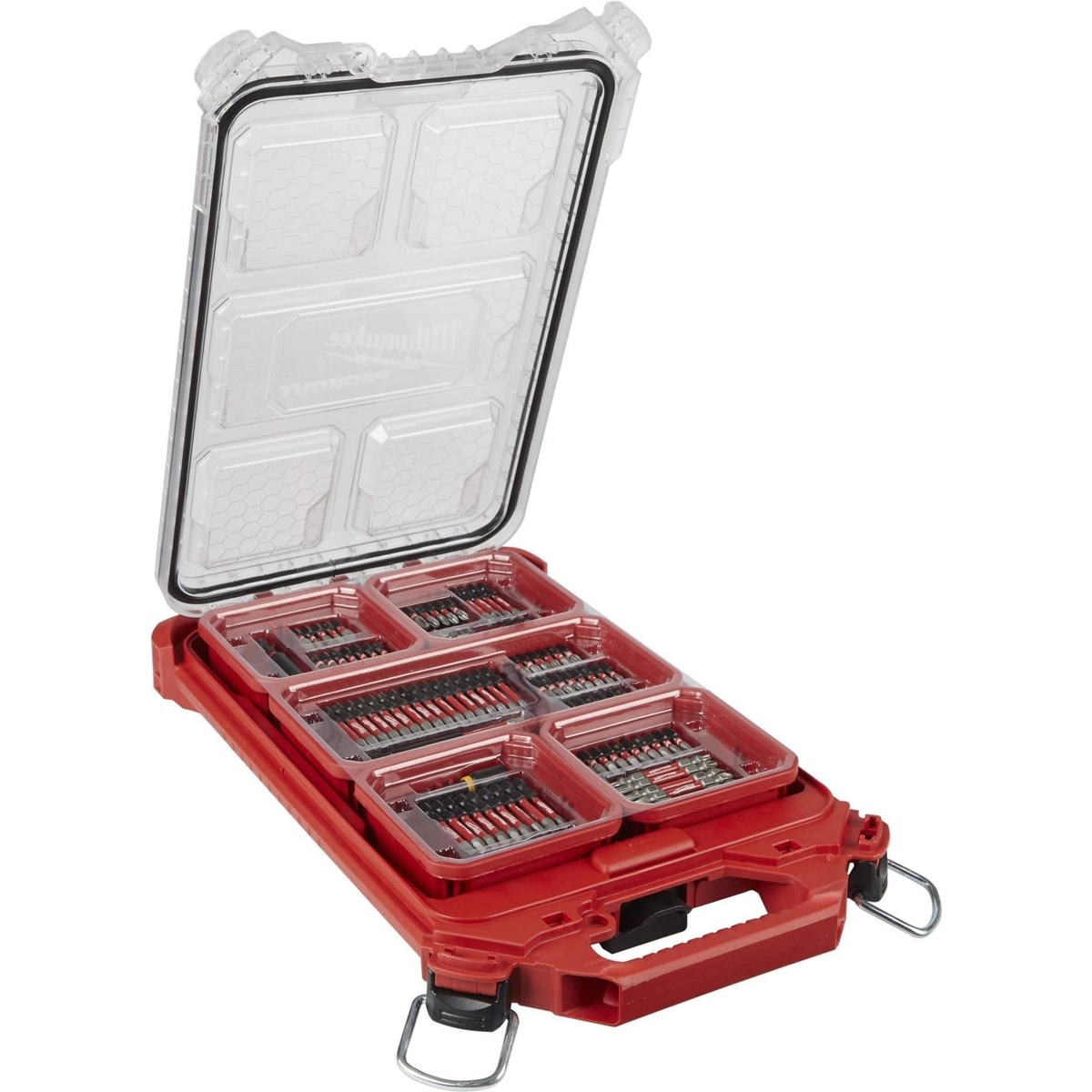 Milwaukee PACKOUT Organizer + SHOCKWAVE 100-Piece Impact Bit Set and Two PACKOUT 2-Drawer Tool Boxes organizer opened to show sorted impact driver bits for fastening work on a jobsite