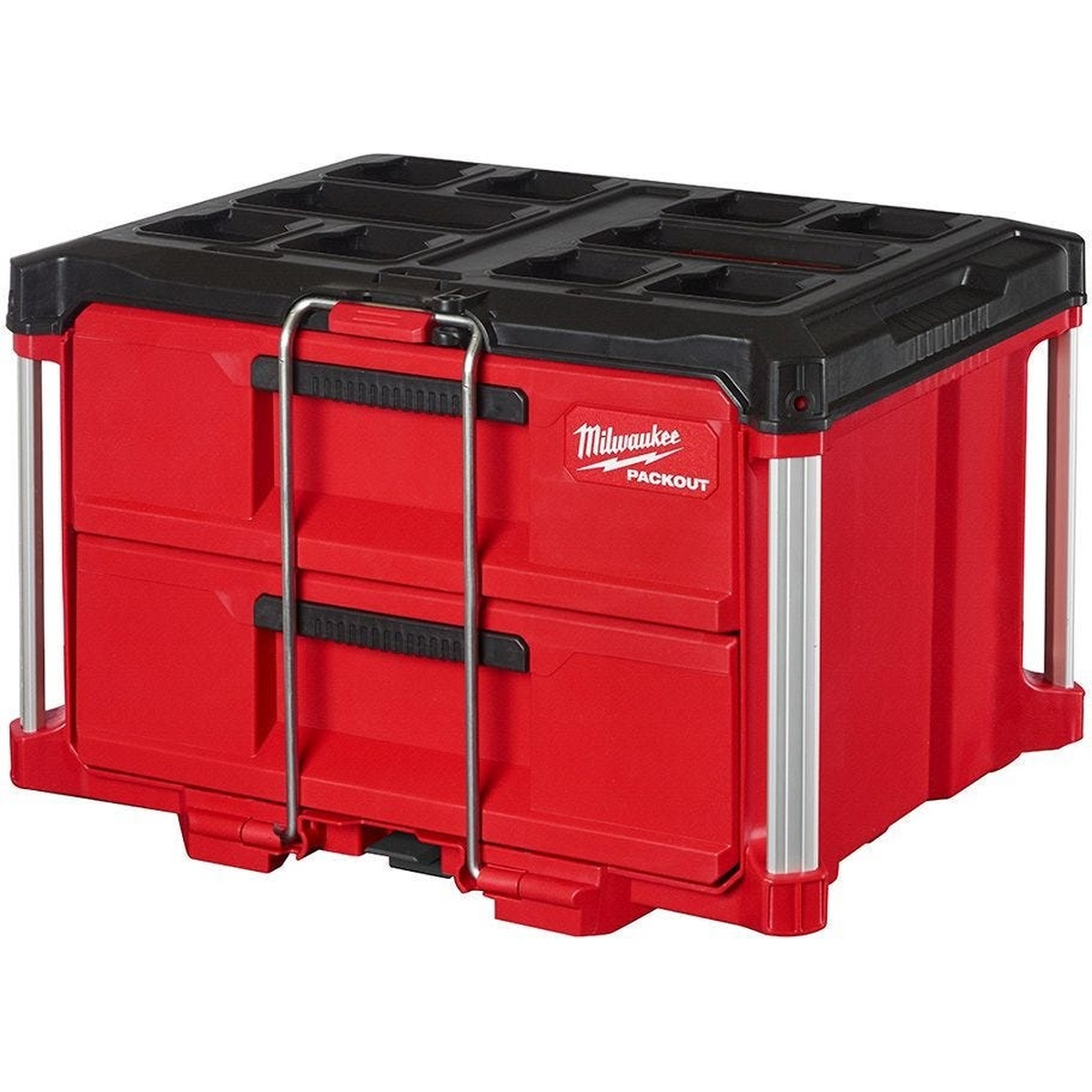 Milwaukee PACKOUT 2-Drawer Tool Box from the combo kit shown closed and ready for organized tool and hardware storage in a truck or workshop