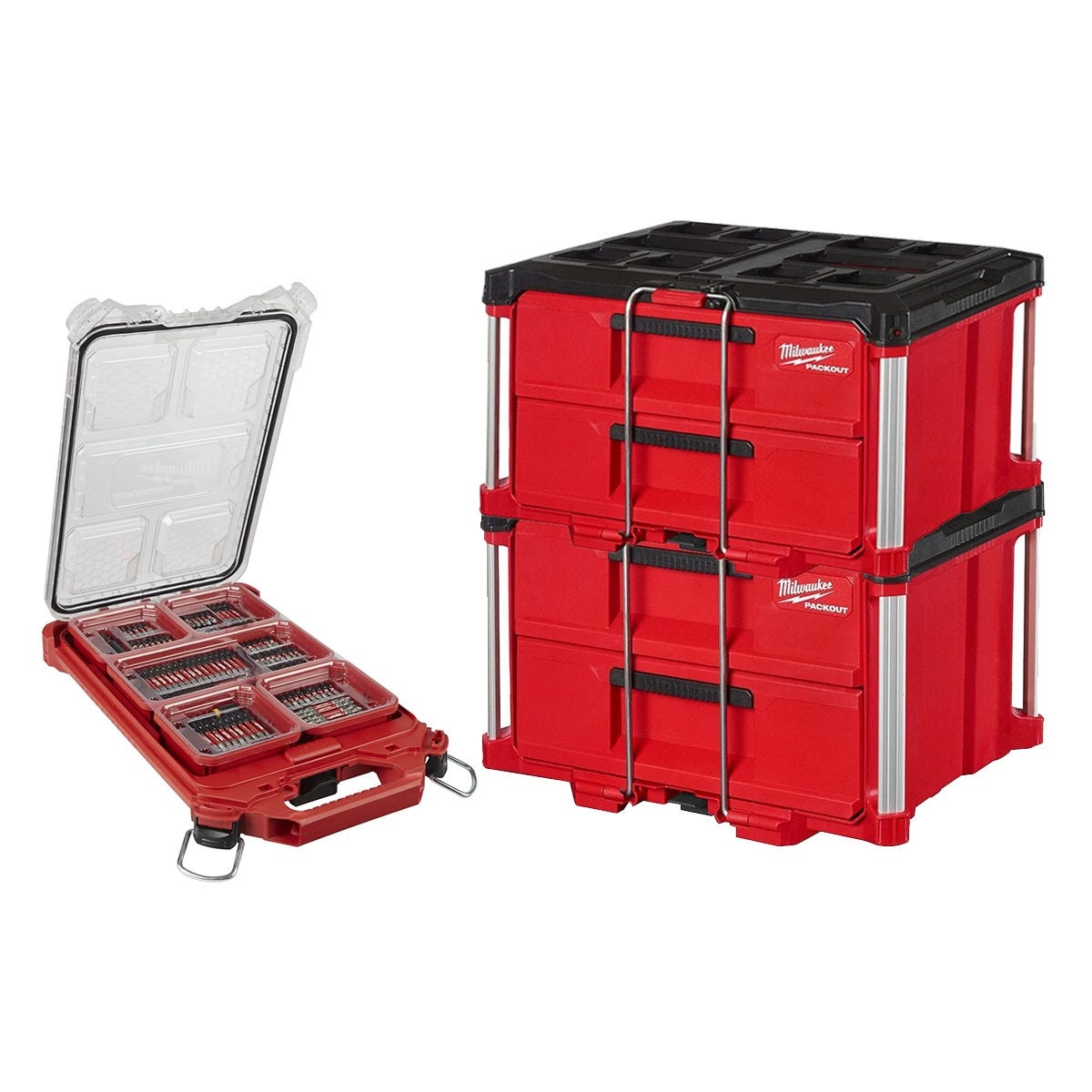 Milwaukee PACKOUT Organizer + SHOCKWAVE 100-Piece Impact Bit Set and Two PACKOUT 2-Drawer Tool Boxes shown together as a modular storage and fastening accessory combo