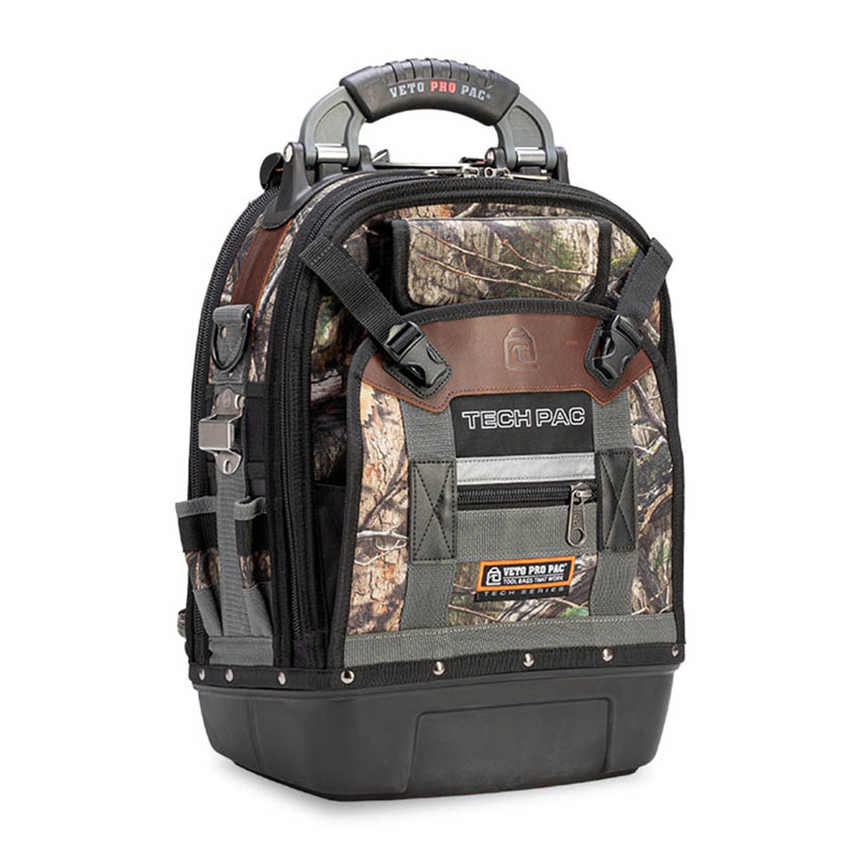 Veto Pro Pac Tech Pac Camo DNA backpack tool bag showing waterproof base and rugged front exterior on a clean background