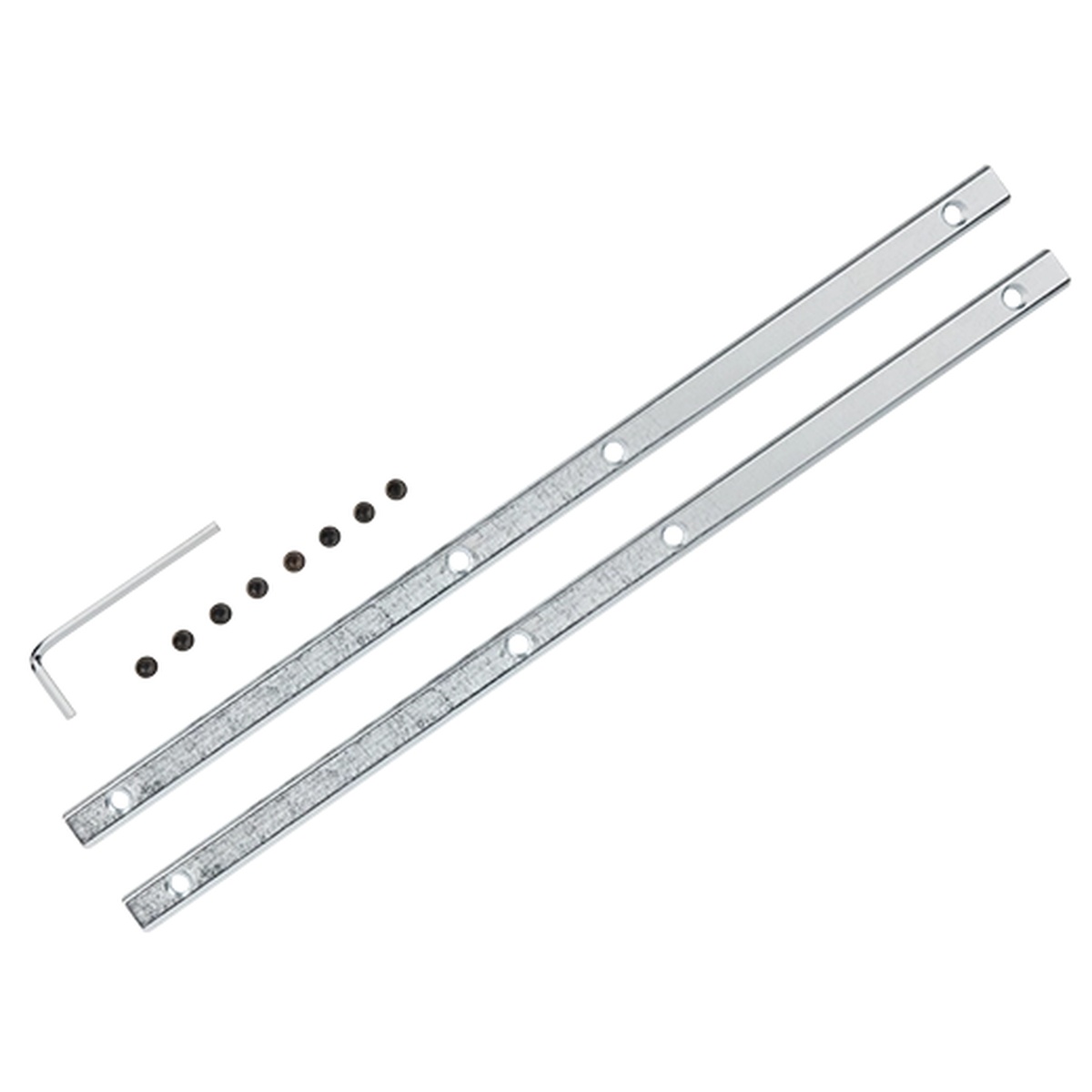Milwaukee Guide Rail Connector 48-08-0574 with steel connector bars, set screws, and hardware on a clean background