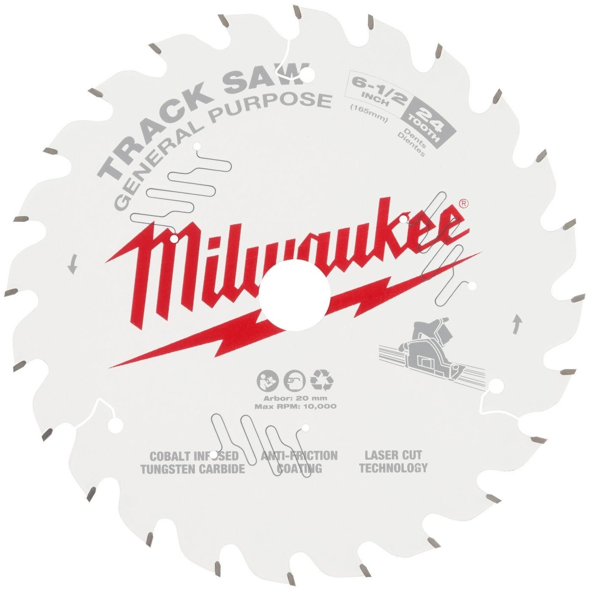Milwaukee 6-1/2 inch 24 tooth general purpose track saw blade for clean plunge cuts in plywood, oriented strand board, and framing sheet materials