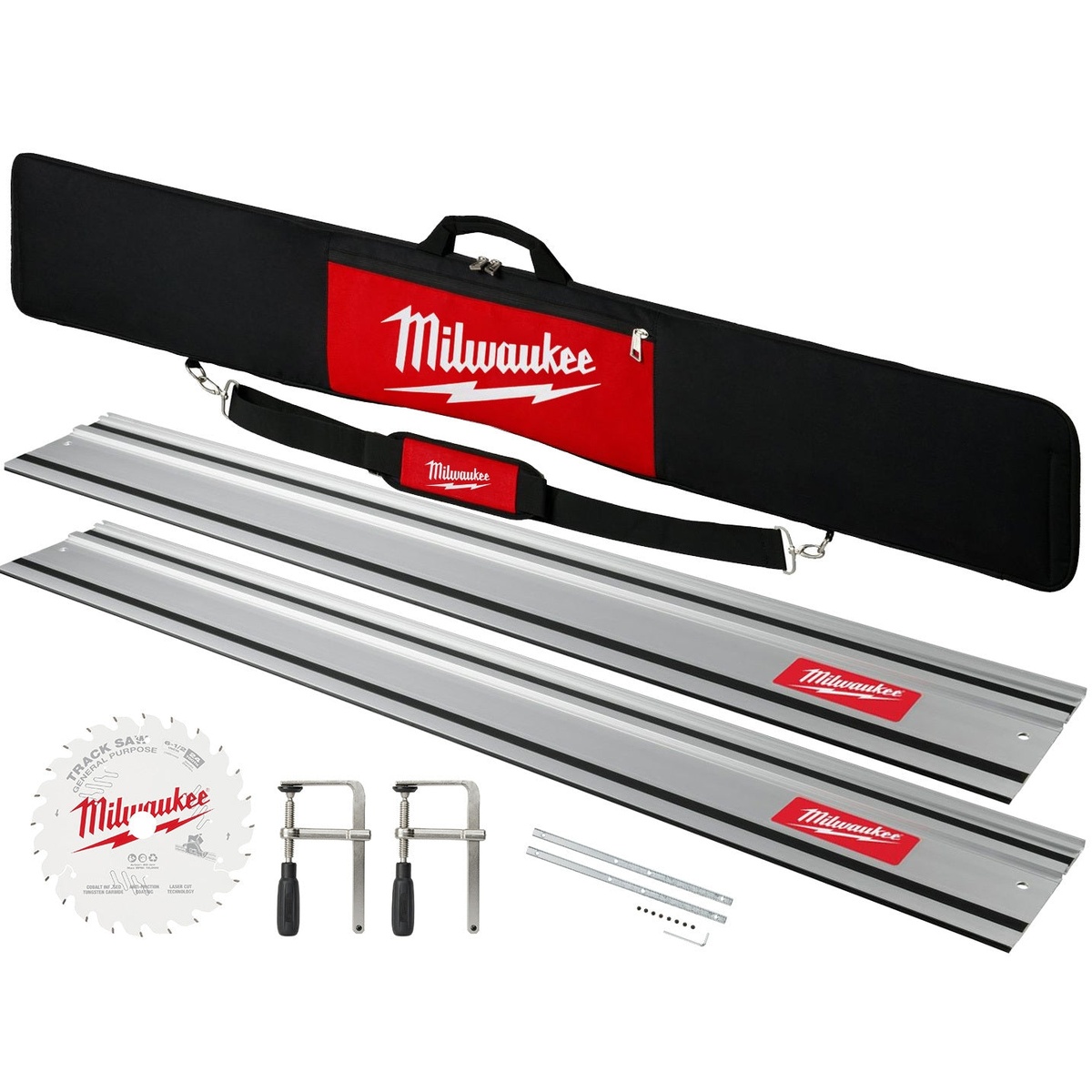 Milwaukee Track Saw 110-in. Guide Rail Kit and Accessory Bundle with two 55 inch rails, blade, clamps, connector, and storage bag laid out for a track saw cutting setup in the shop