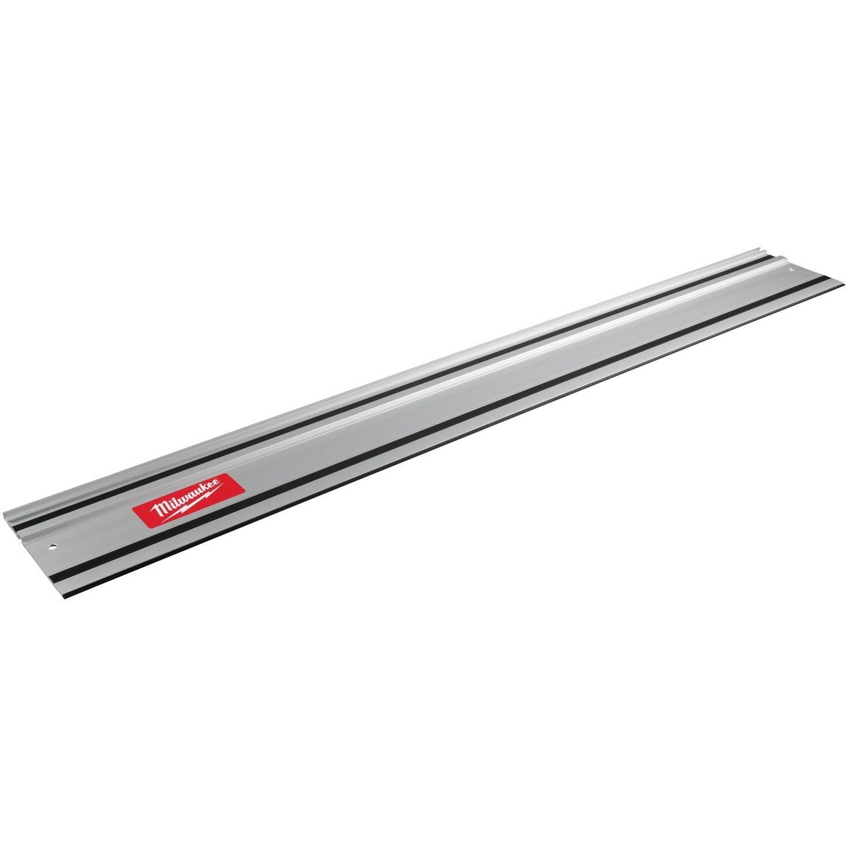 Milwaukee M18 FUEL 6-1/2 inch Plunge Track Saw 55 inch guide rail detail showing extruded aluminum track with anti-slip strips and anti-splinter edge for straight cuts in plywood and finish panels