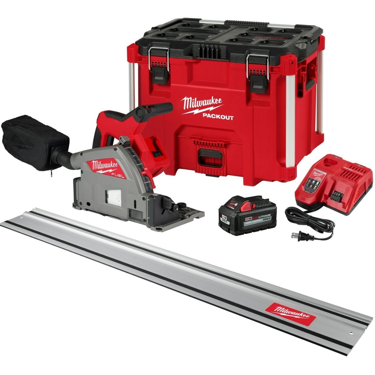 Milwaukee M18 FUEL 6-1/2 inch Plunge Track Saw 6.0Ah Starter Kit with 55-in. Guide Rail shown with saw, PACKOUT XL toolbox, battery, charger, dust bag, and guide rail for precision sheet goods cutting on the jobsite