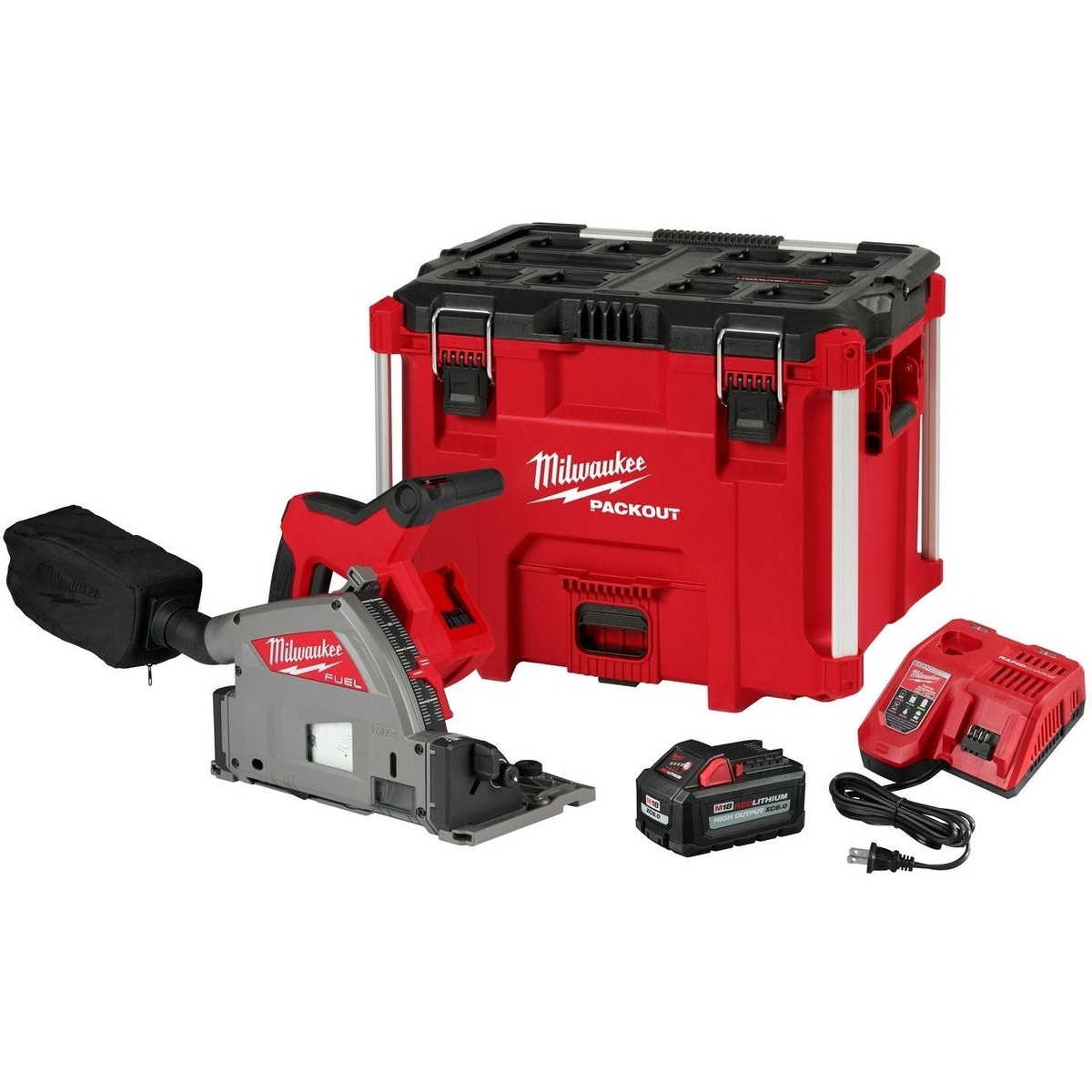 Milwaukee M18 FUEL 6-1/2 inch Plunge Track Saw kit product shot showing the cordless plunge saw, M18 battery, rapid charger, and PACKOUT toolbox used for portable track saw cutting and remodeling work