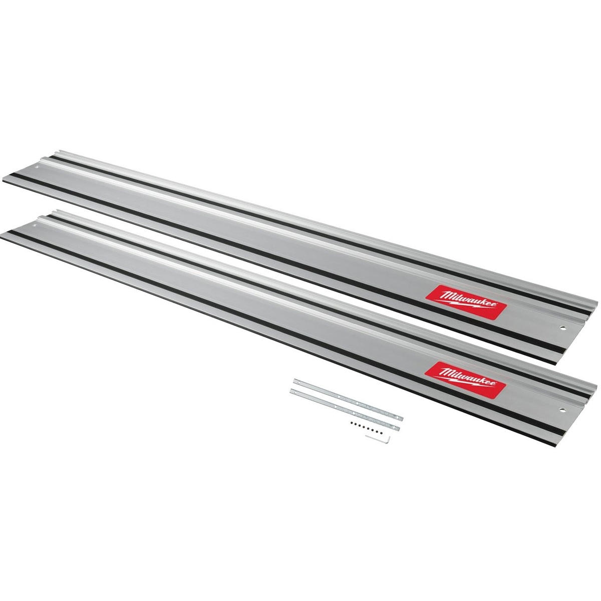 Milwaukee Track Saw 110-in. Guide Rail Bundle with two connected guide rails and connector hardware for long straight cuts on sheet goods in a workshop or jobsite setup