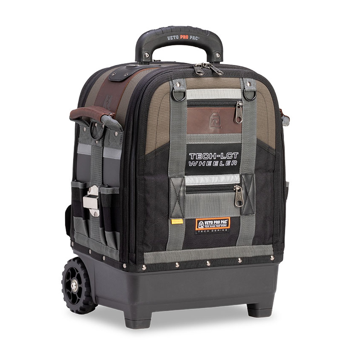Veto Pro Pac TECH-LCT WHEELER rolling tool bag showing front storage layout and side tool access for service technician tools
