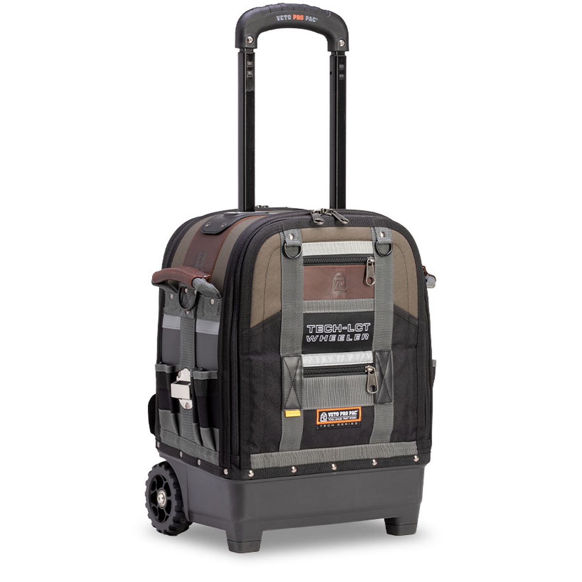 Veto Pro Pac TECH-LCT WHEELER rolling tool bag with retractable handle extended for transport across a jobsite or service building