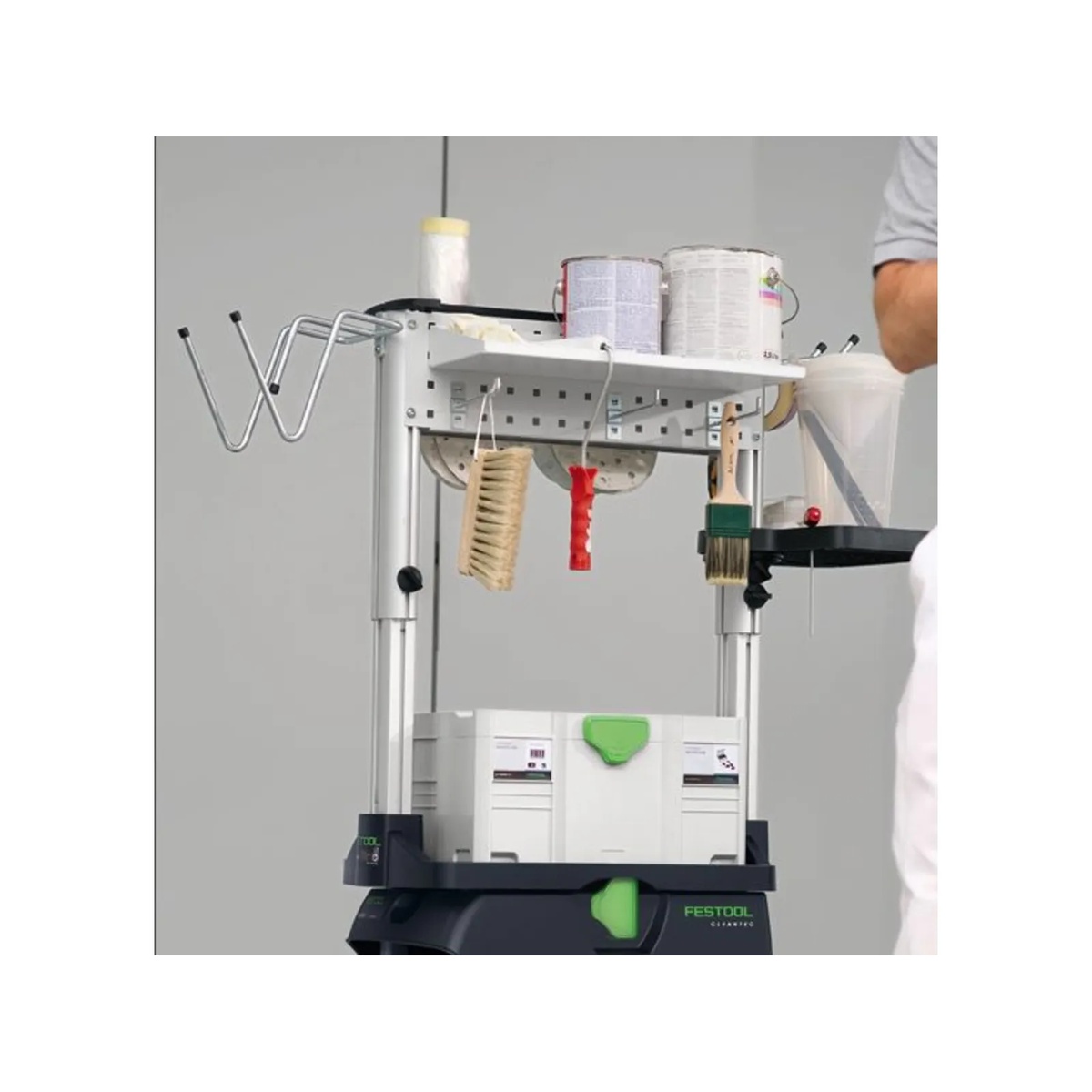 Festool CT workcenter organizer holding paint and prep supplies above a Systainer on a dust extractor for finishing and jobsite organization