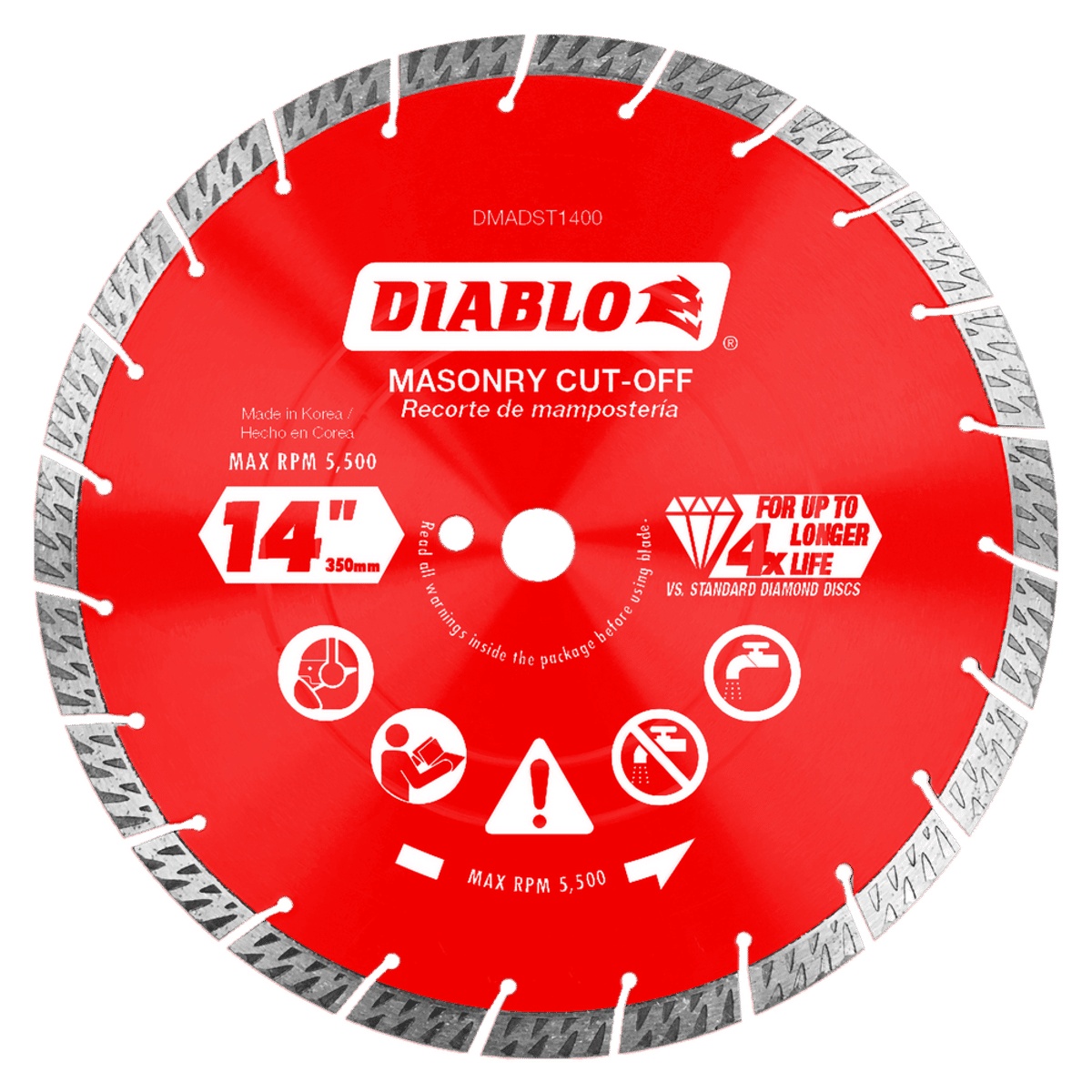 Diablo DMADST1400 14 in diamond segmented turbo masonry cut-off blade close-up showing segmented turbo rim and blade labeling