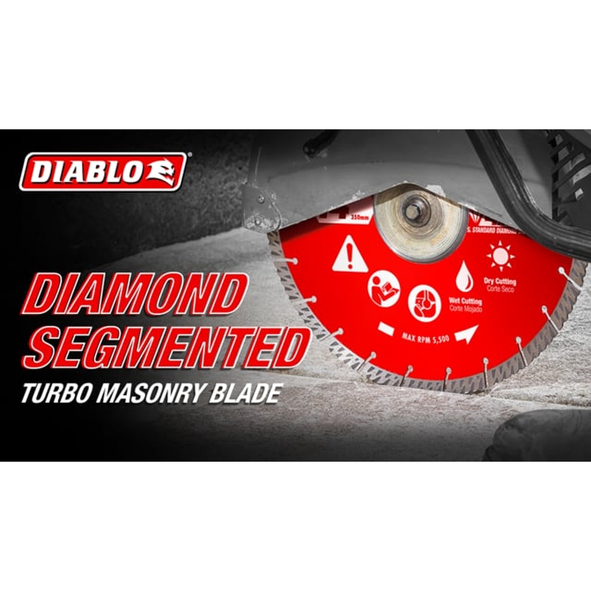 Diablo DMADST1400 14 in diamond segmented turbo masonry cut-off blade cutting concrete with a saw for dry or wet masonry cutting