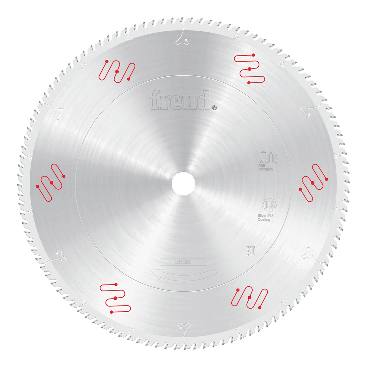 Freud LU5C25 450mm Medium to Thick Aluminum & Non-Ferrous Blade shown as a full circular saw blade for shop cutting of aluminum and non-ferrous materials