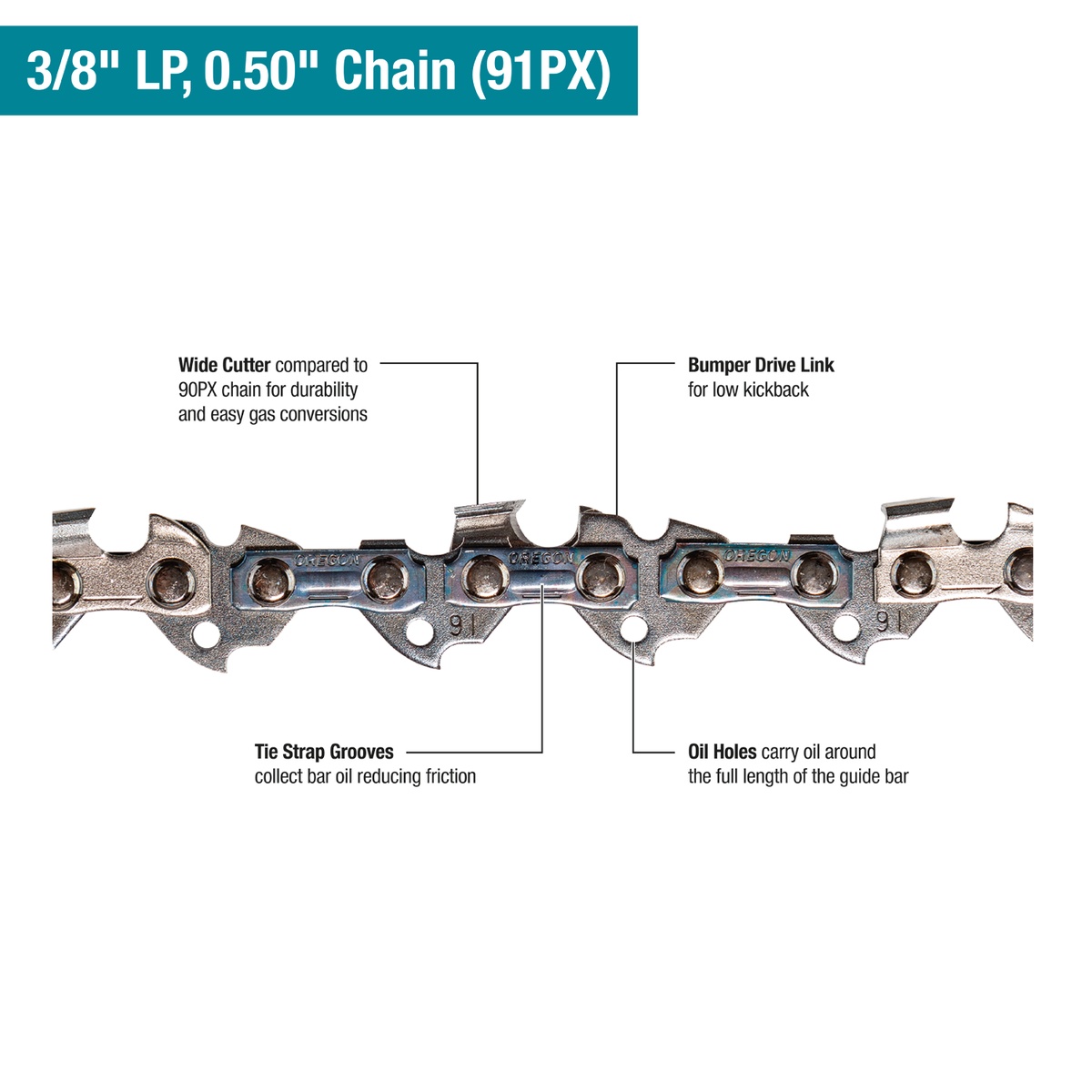 Makita 40V max XGT Brushless Cordless 18 inch Chain Saw Kit chain close-up showing 3 by 8 inch low profile pitch and 0.050 inch gauge cutting hardware for wood cutting