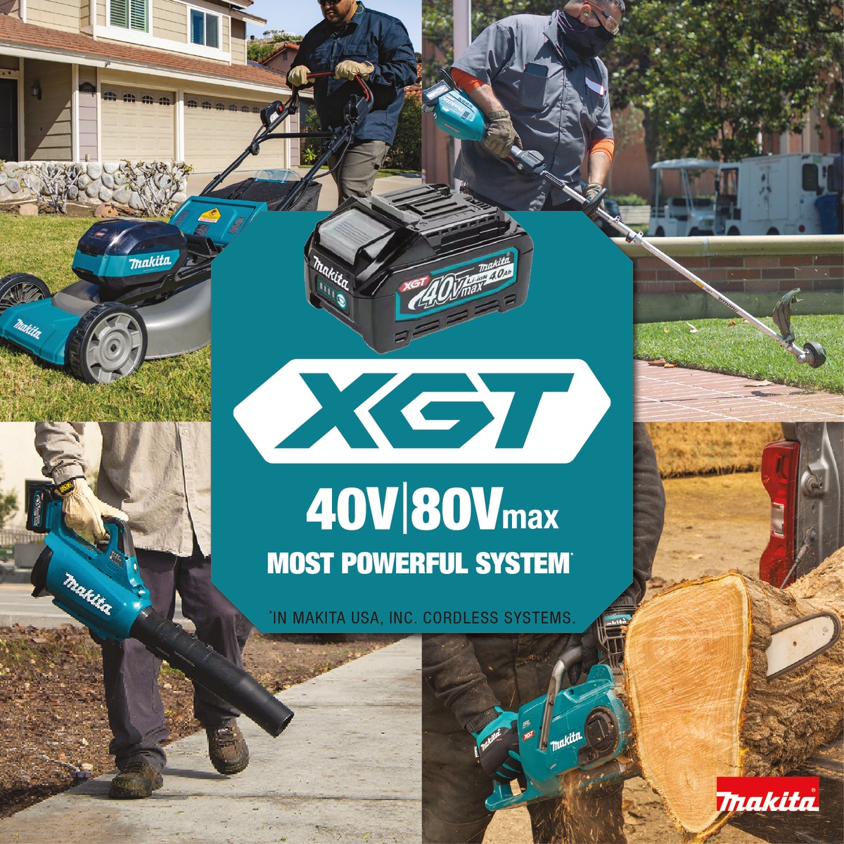 Makita 40V max XGT Brushless Cordless 18 inch Chain Saw Kit cutting a large log at a jobsite during outdoor cleanup work