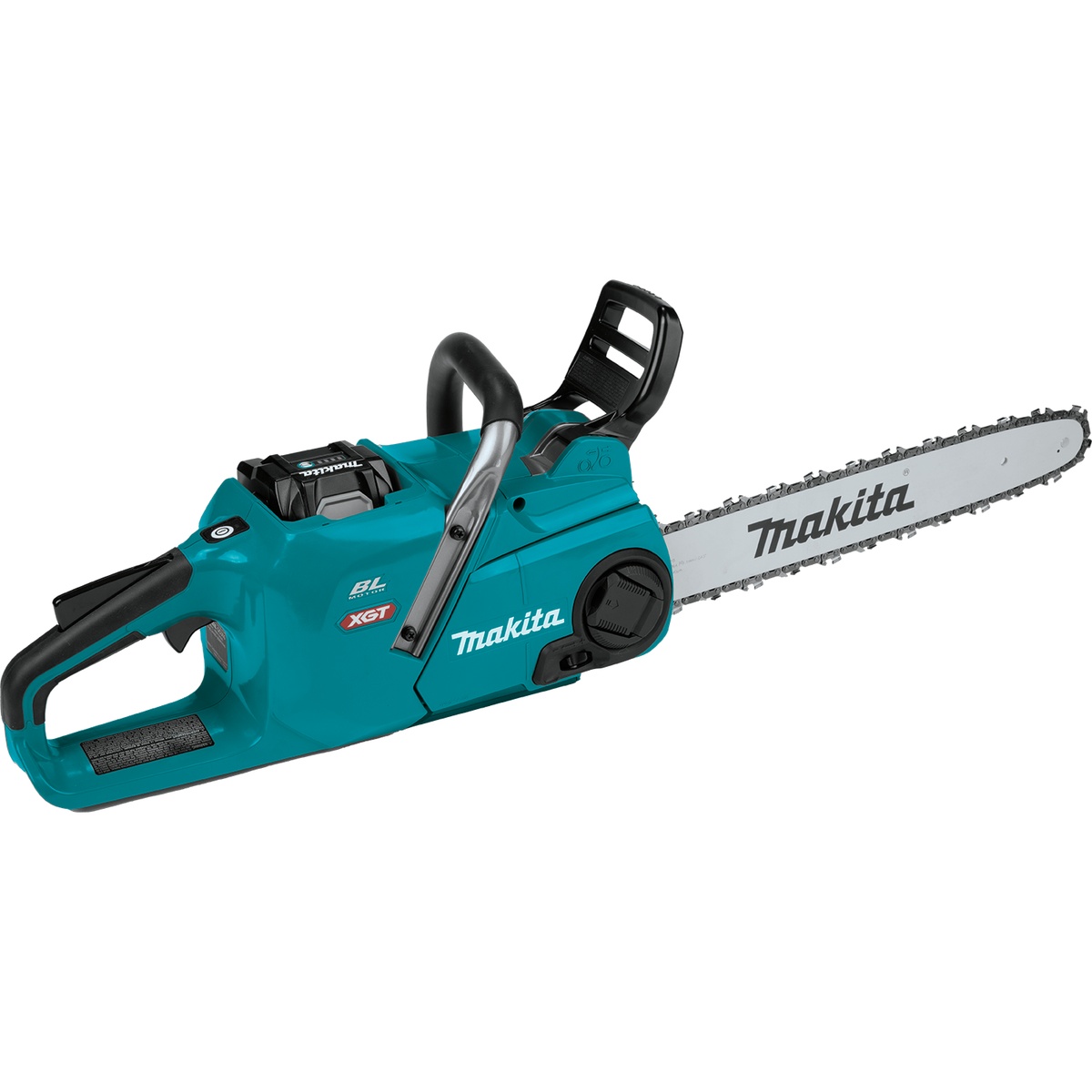 Makita 40V max XGT Brushless Cordless 18 inch Chain Saw Kit product view showing rear handle design, 18 inch bar, and battery-powered setup for trimming and cutting