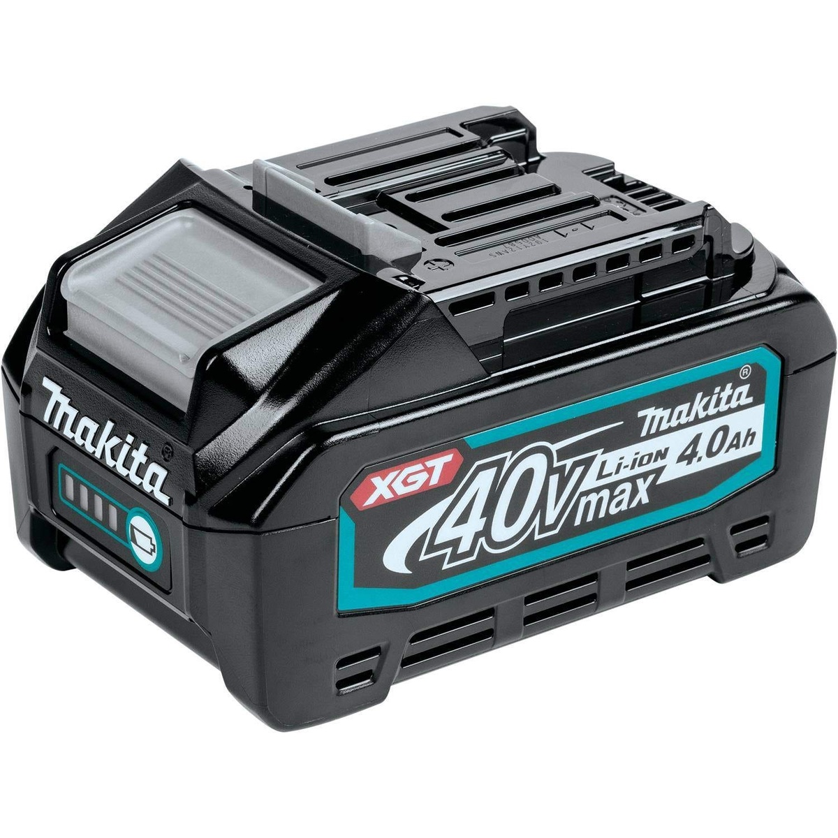 Makita BL4040 40V max XGT 4.0Ah battery shown as the power source for the plunge track saw on demanding cutting jobs